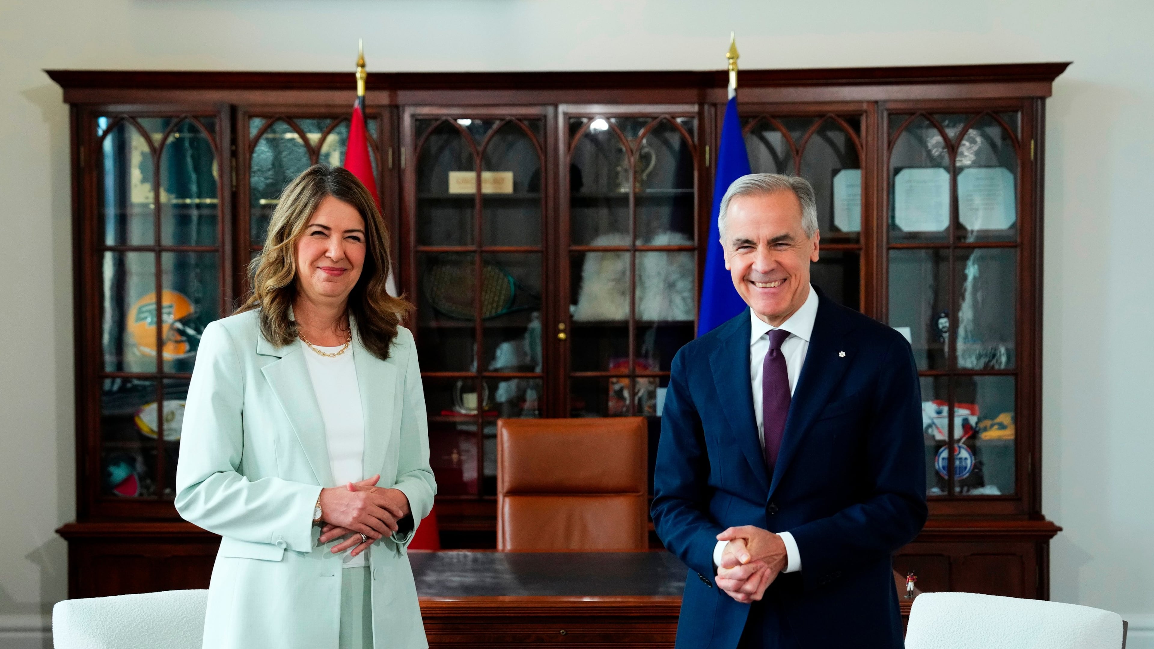 FILE - Prime Minister Mark Carney, right, meets with Premier of Alberta Danielle Smith at his office in Ottawa on Friday, May 8, 2026. (Sean Kilpatrick/The Canadian Press via AP, File)