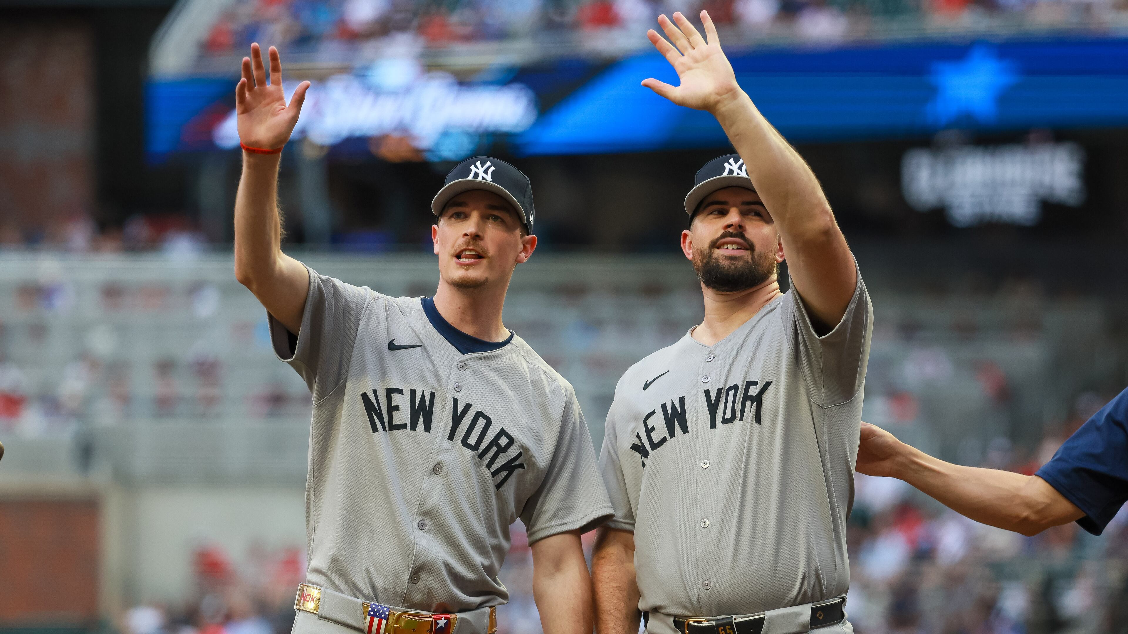Max Fried (L) and Carlos Rodón (R), both of the New York Yankees, get together before the MLB All-Star Game at Truist Park in Atlanta on Tuesday, July 15, 2025. (Jason Getz/AJC)