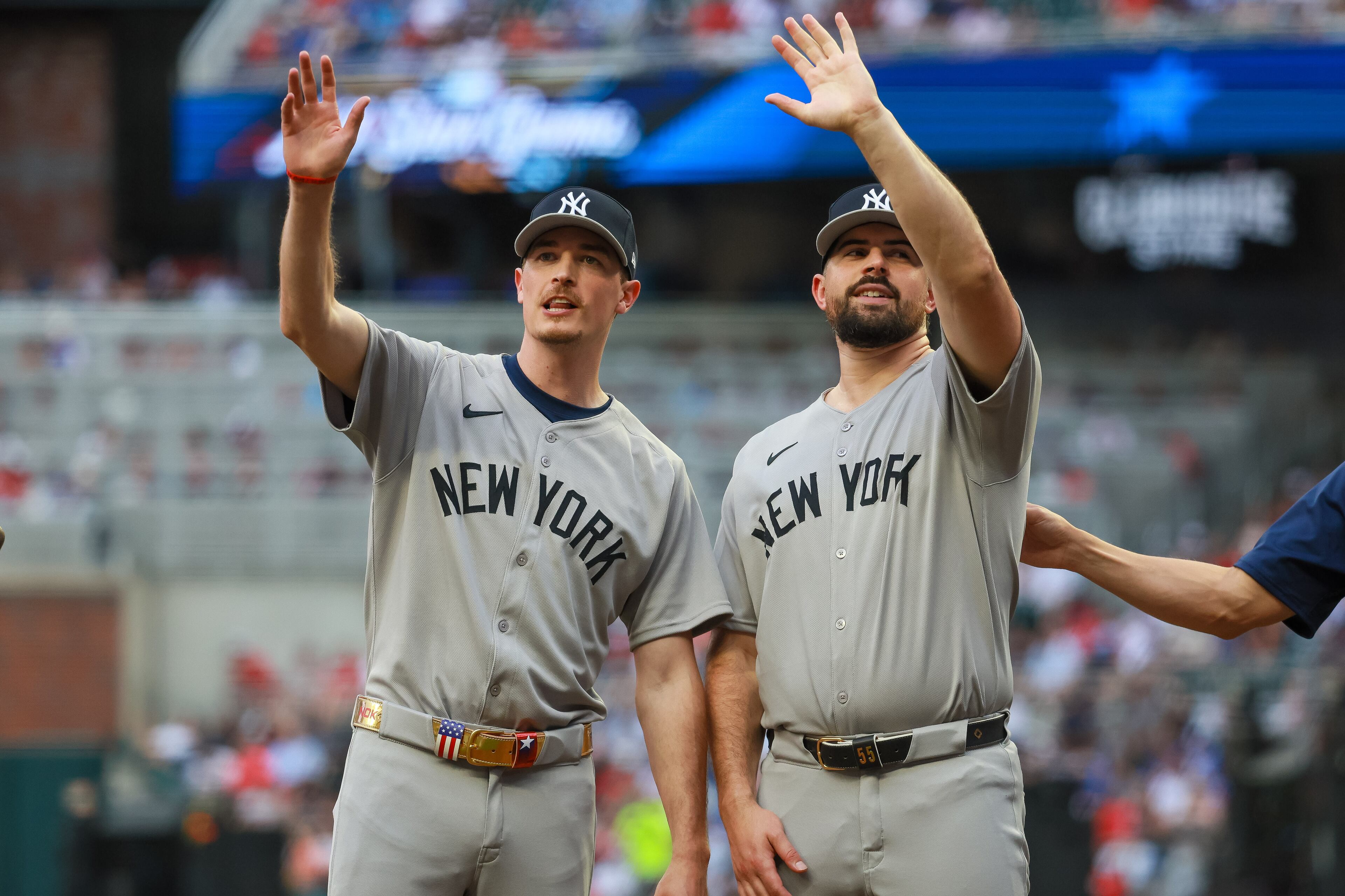 Max Fried of the New York Yankees (left) and Carlos Rodón, of the New York Yankees get together before the MLB All-Star Game at Truist Park in Atlanta on Tuesday, July 15, 2025 (Jason Getz/AJC)