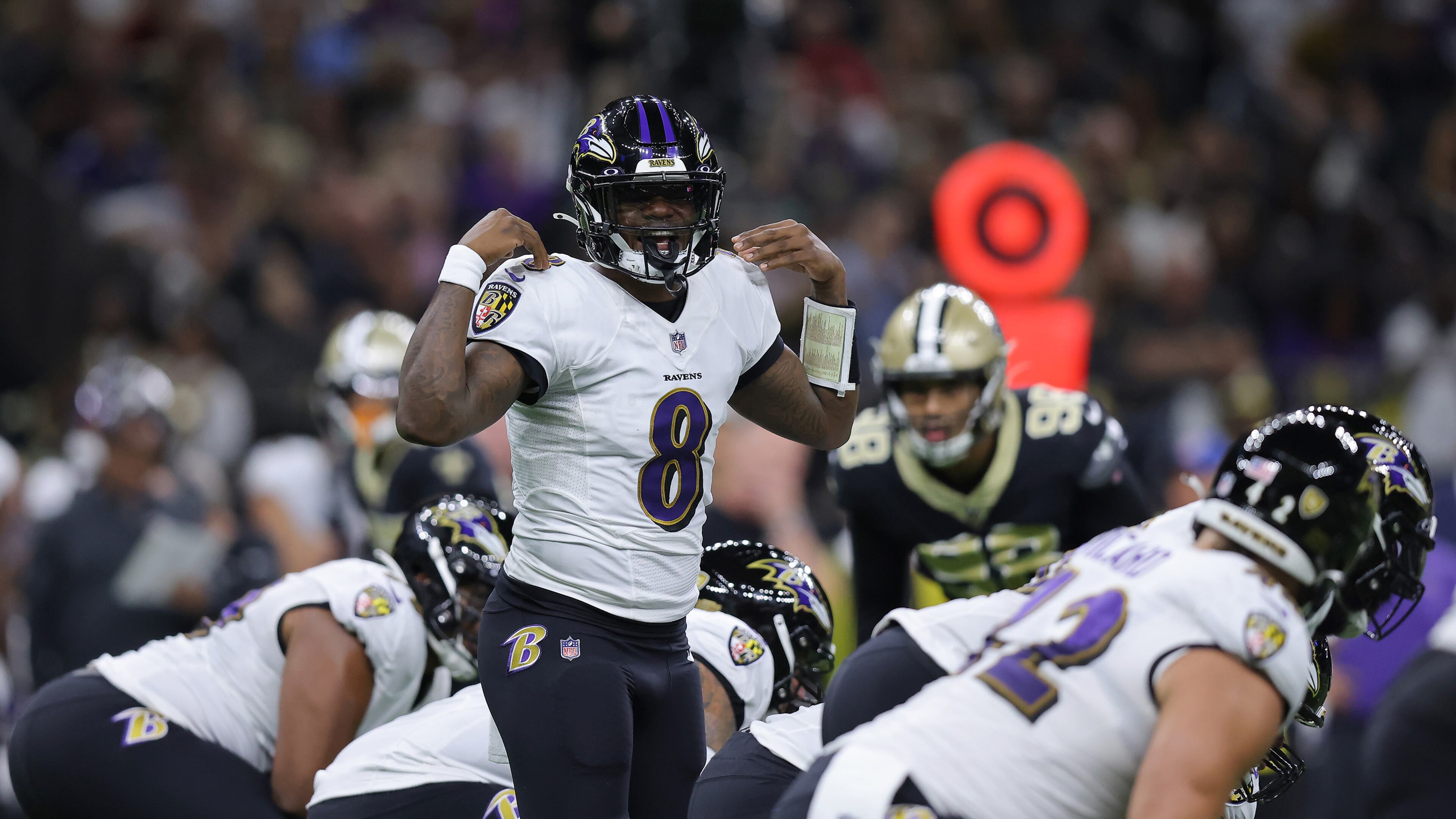 Lamar Jackson (8) of the Baltimore Ravens calls a play at the line during the first quarter against the New Orleans Saints at Caesars Superdome on Nov. 7, 2022, in New Orleans. (Jonathan Bachman/Getty Images/TNS)