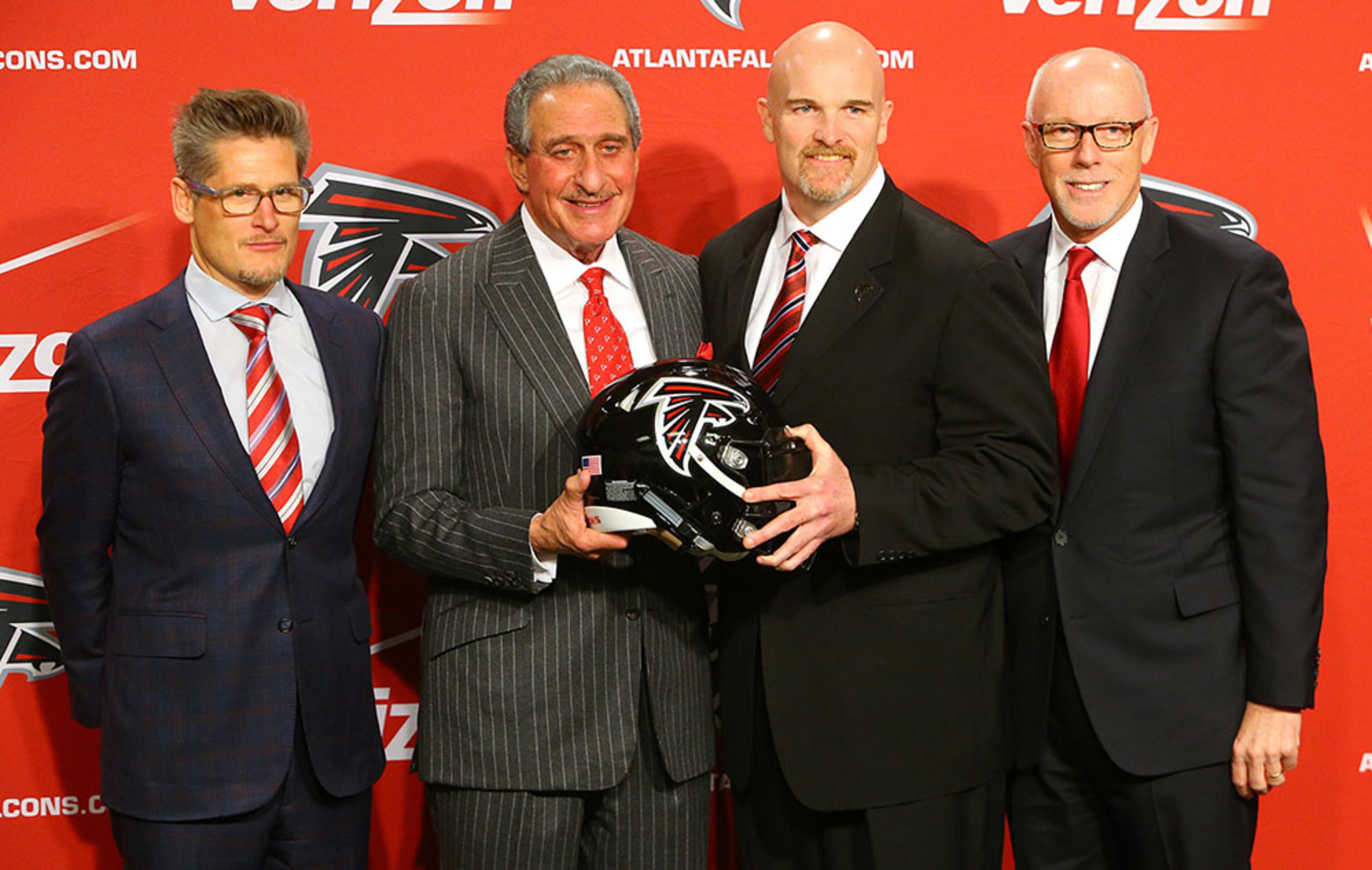Falcons new head coach Dan Quinn will have authority over the 53-man roster and the 46-man practice squad roster. Building those rosters will take collaboration between Quinn, general manager Thomas Dimitroff (left) and assistant general manager Scott Pioli.