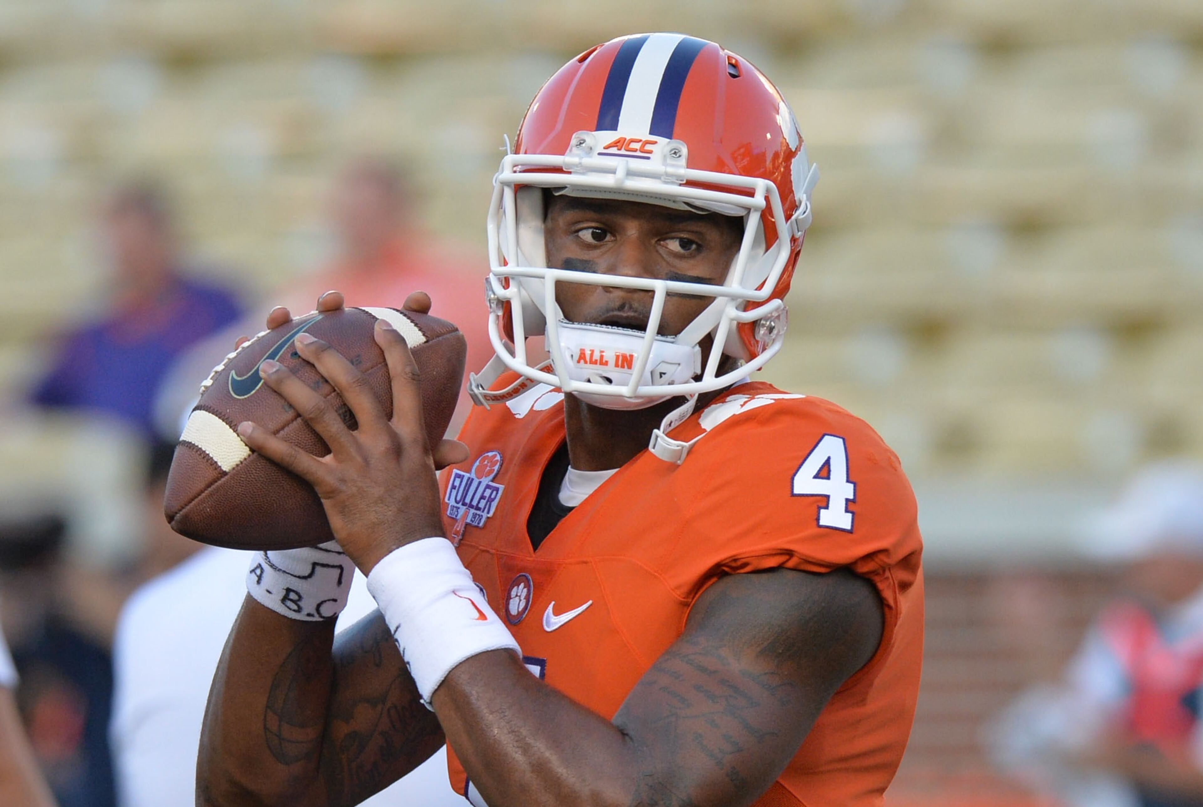 September 22, 2016 Atlanta - Clemson Tigers quarterback Deshaun Watson (4) warms up before their game against the Georgia Tech Yellow Jackets at Bobby Dodd Stadium on Thursday, September 22, 2016. HYOSUB SHIN / HSHIN@AJC.COM
