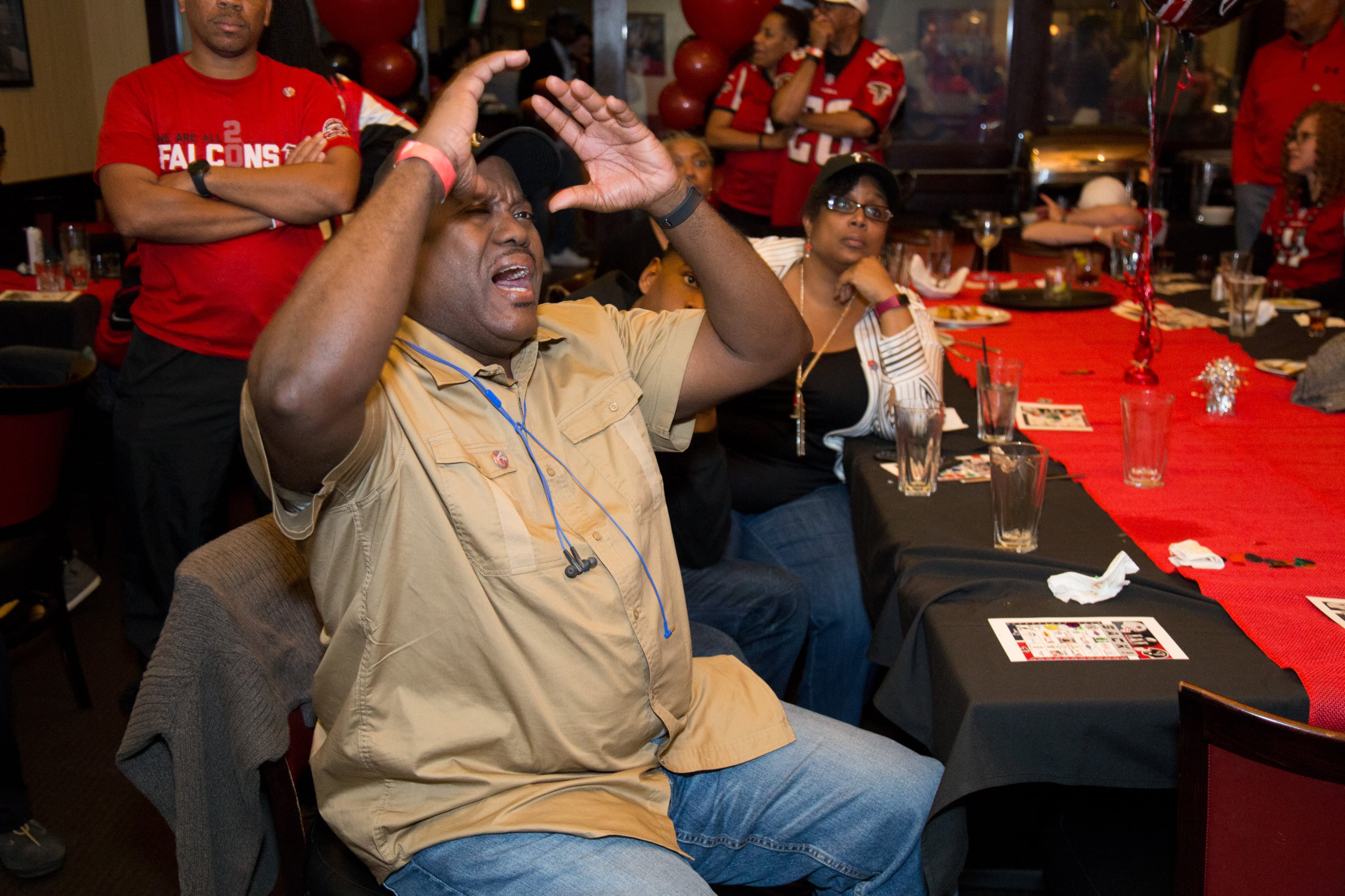 Eric Pope reacts after the Atlanta Falcons lost the Super Bowl in overtime to the New England Patriots at Dantanna's Downtown In Atlanta Ga February 5, 2017. STEVE SCHAEFER / SPECIAL TO THE AJC