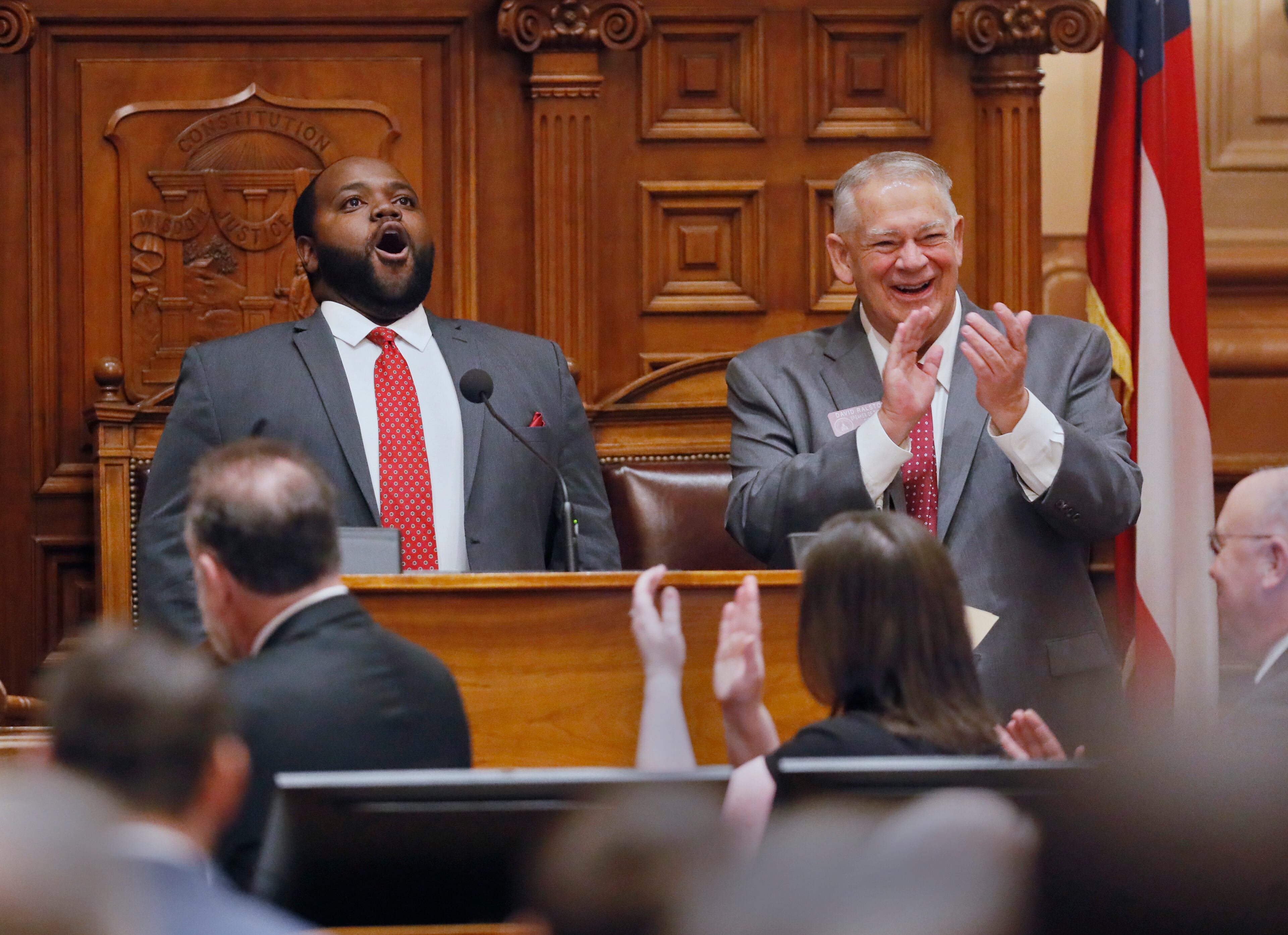 January 13, 2020 - Atlanta - House Speaker David Ralston applauds as Timothy Miller sings "God bless America" after singing the National Anthem in the House. Miller is widely know for his seventh inning performances at Braves' games. The Georgia General Assembly started its 2020 session amid a backdrop of an election year. ACLU volunteers greeted lawmakers and offered copies of the constitution. Bob Andres / bandres@ajc.com