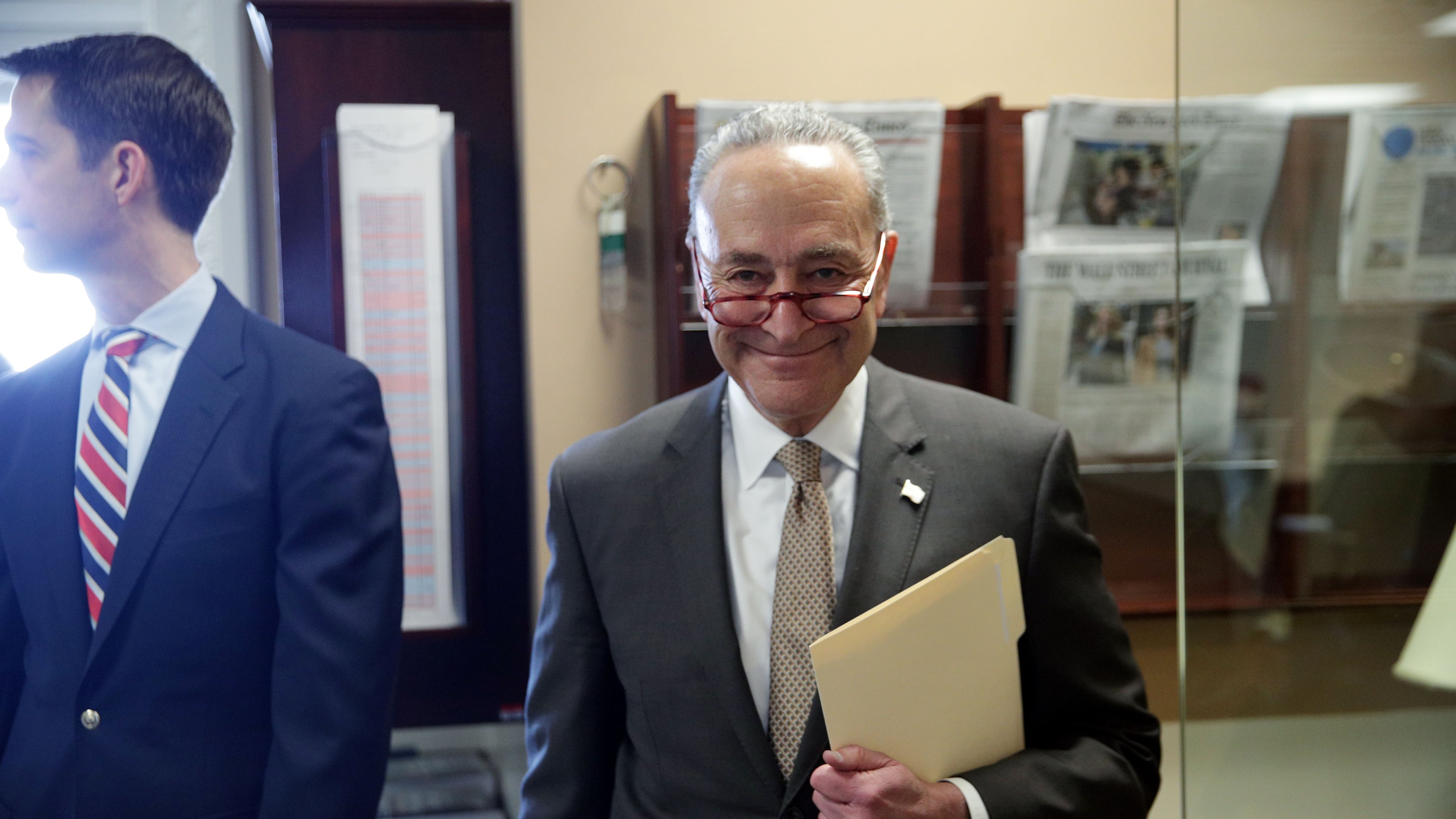 Senate Minority Leader Chuck Schumer (D-NY) arrives at a news conference on April 4, 2019 in Washington, D.C. (Photo by Alex Wong/Getty Images)