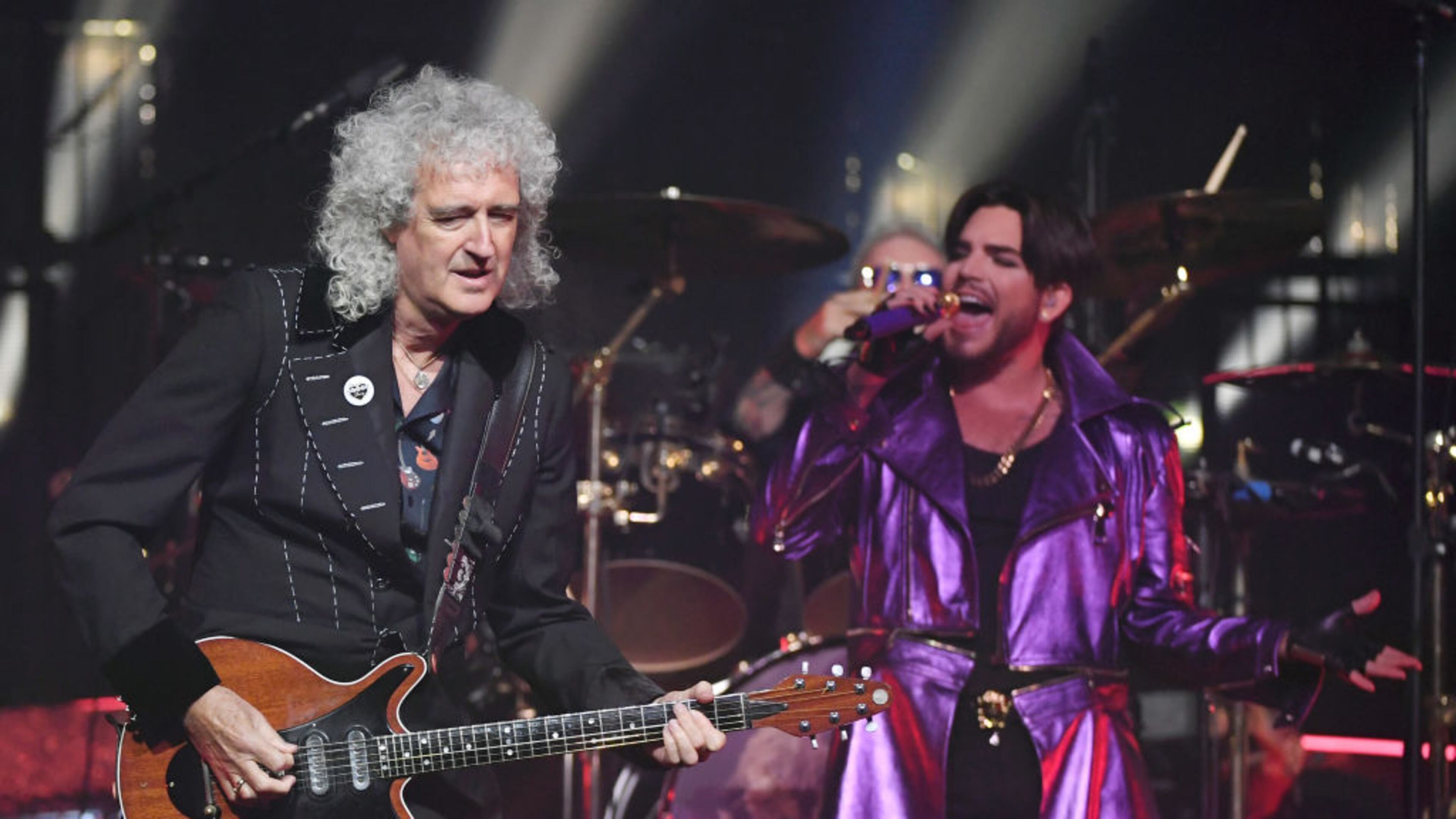 Guitarist Brian May (L) and singer Adam Lambert of Queen + Adam Lambert perform as the group kicks off its 10-date limited engagement, "The Crown Jewels," at Park Theater at Park MGM on September 1, 2018 in Las Vegas.