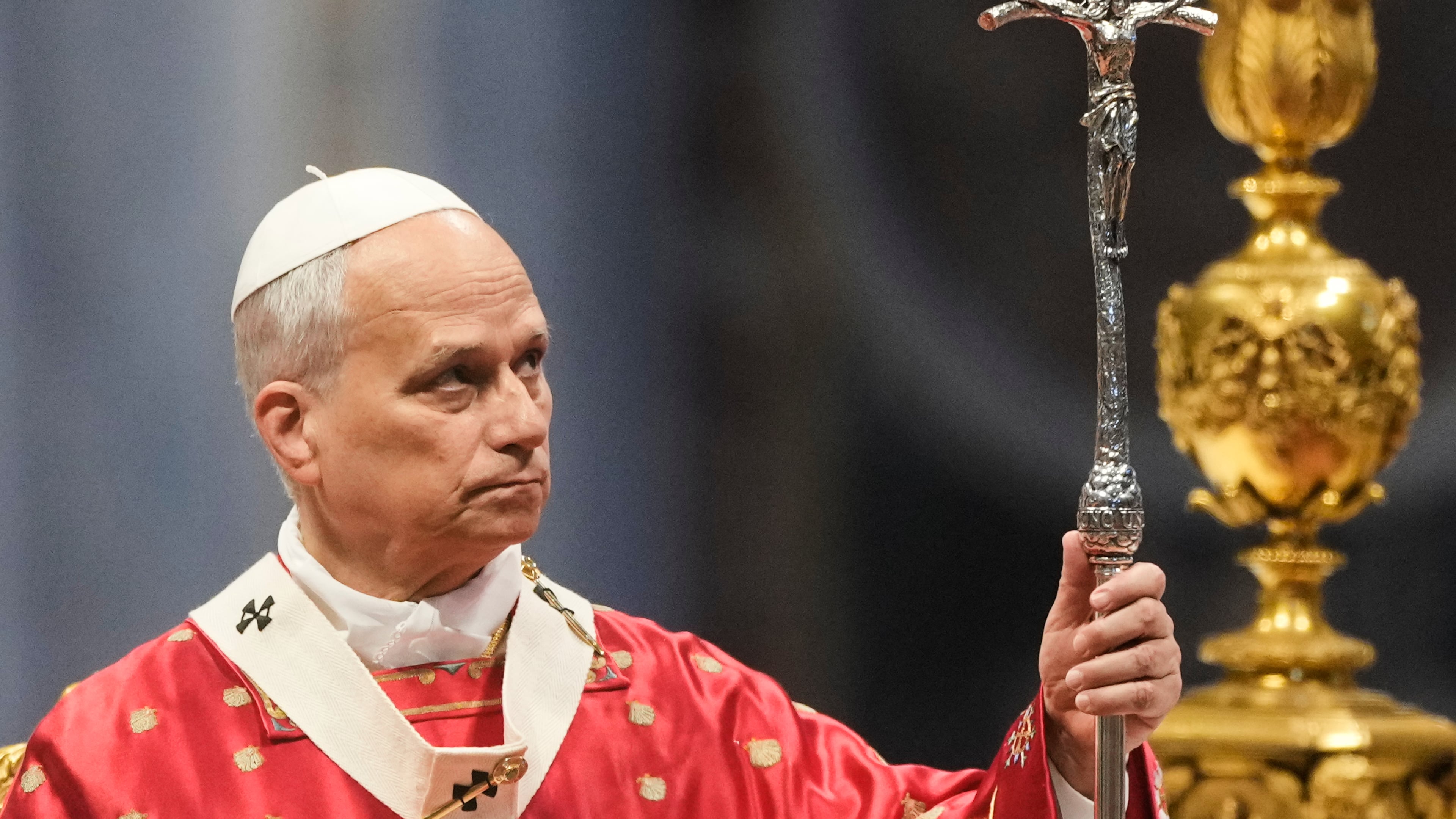 Pope Leo XIV holds the pastoral staff as he celebrates the Pentecost Mass in St. Peter's Basilica, at the Vatican, Sunday, May 24, 2026. (AP Photo/Gregorio Borgia)