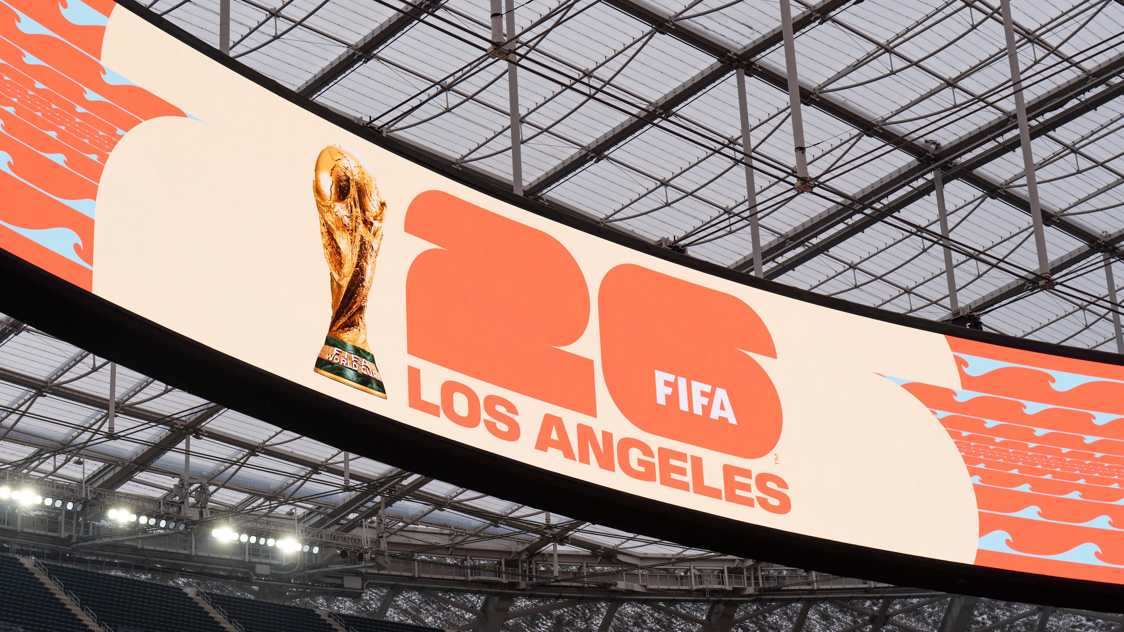The FIFA World Cup 2026 Los Angeles logo is displayed during a media event for the upcoming FIFA World Cup at SoFi Stadium in Inglewood, Calif., Tuesday, May 12, 2026. (AP Photo/Jae C. Hong)
