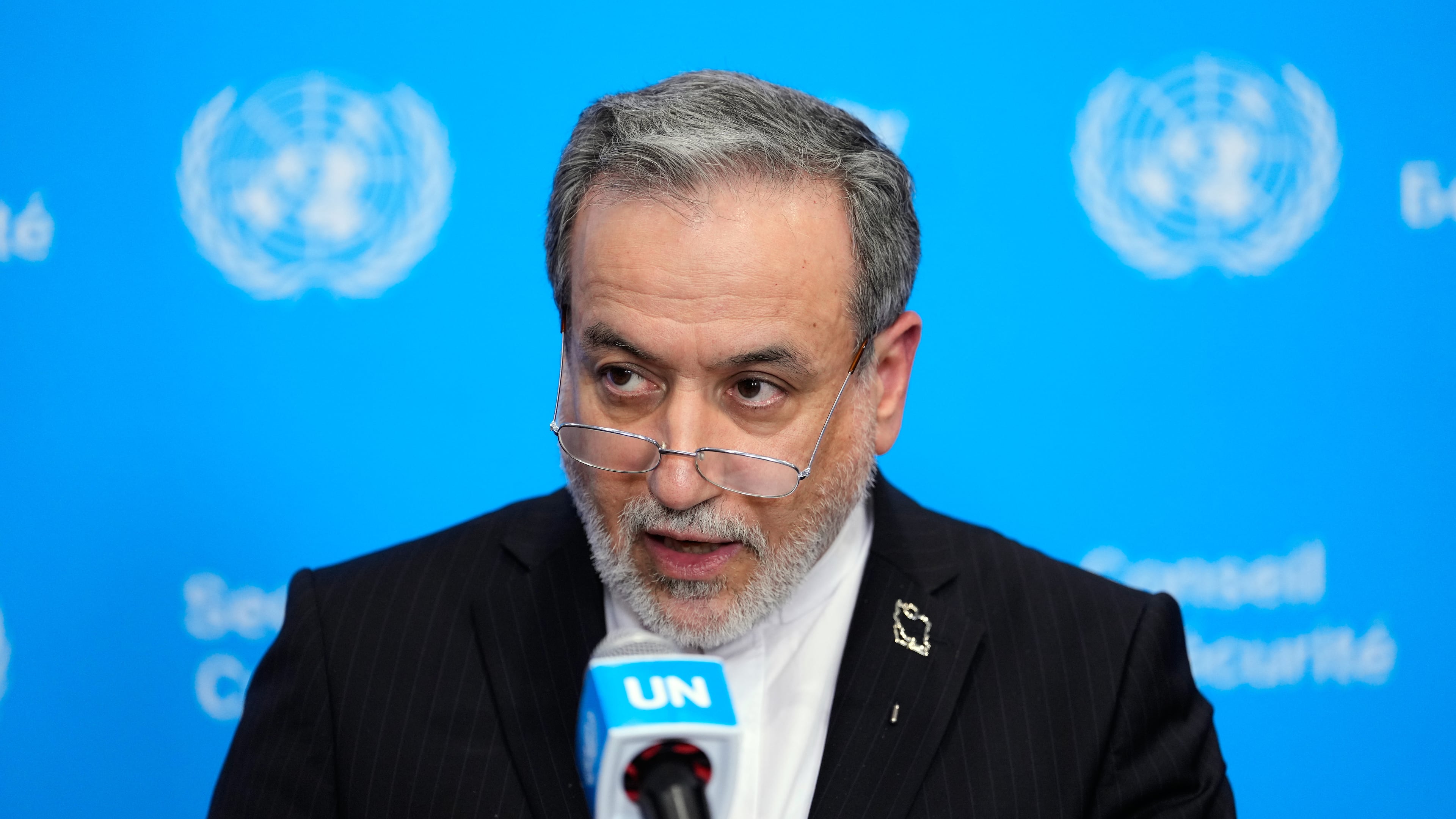 Iran's Foreign Minister Abbas Araghchi speaks to the media during the 81st session of the United Nations General Assembly at United Nations headquarters, Friday, Sept. 25, 2026. (AP Photo/Yuki Iwamura)