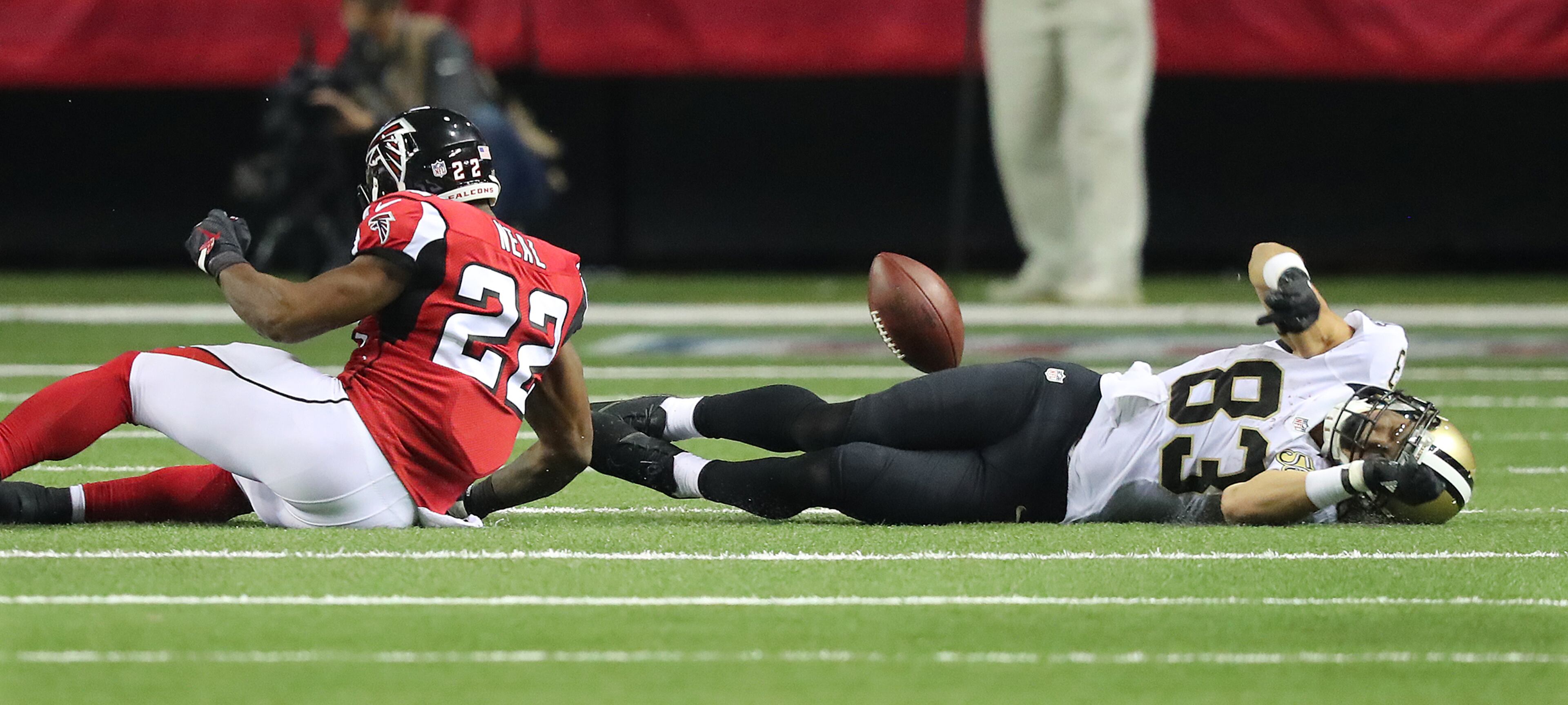 *** SECONDARY PHOTO *** January 1, 2017, Atlanta: Falcons safety Keanu Neal levels Saints wide receiver Willie Snead IV with a brutal hit during the fourth quarter in an NFL football game on Sunday, Jan. 1, 2017, in Atlanta. The Falcons beat the Saints 38-32. Curtis Compton/ccompton@ajc.com