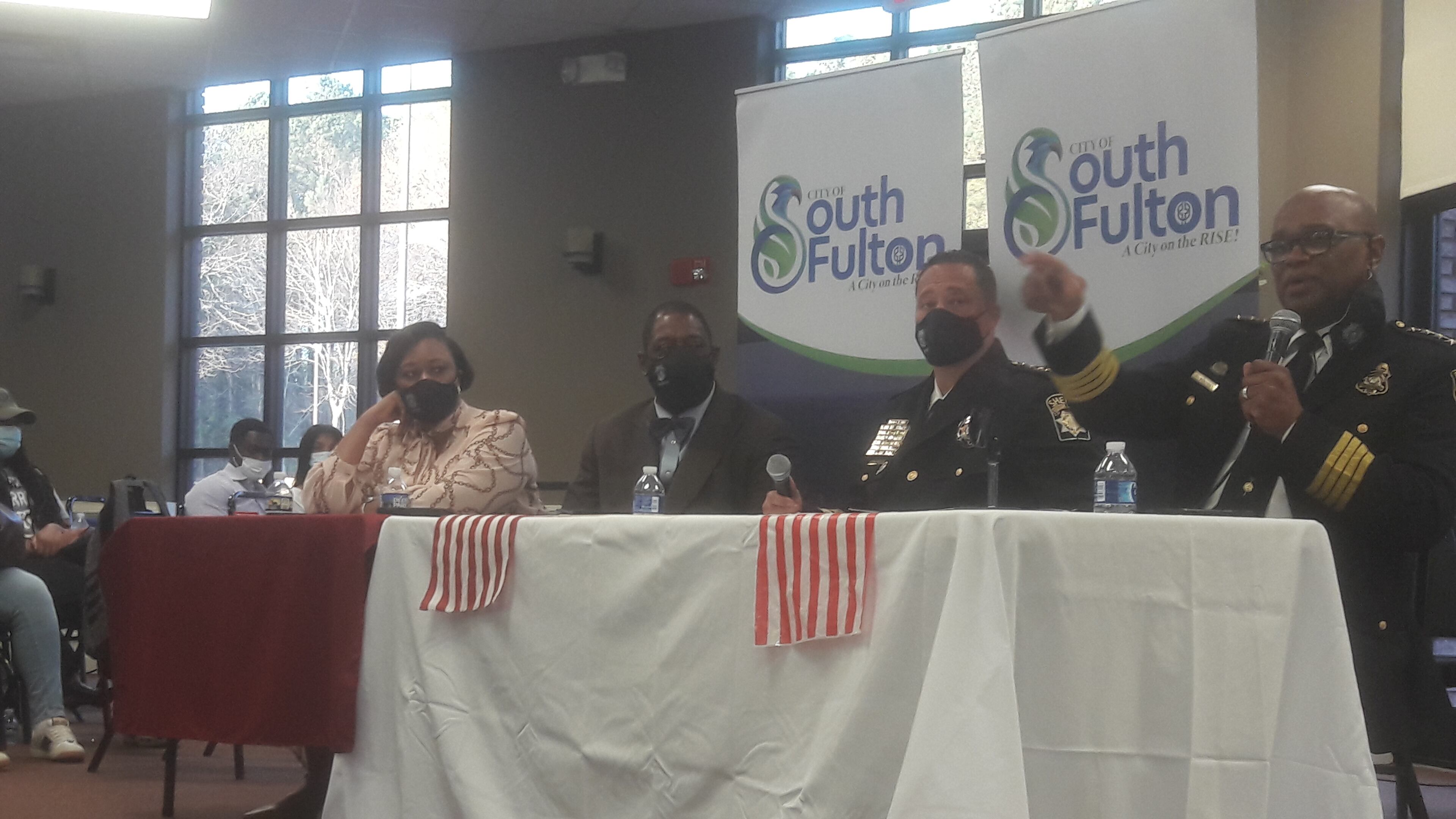 From left to right at main table: South Fulton Councilwoman Helen Willis, Fulton County Commissioner Marvin Arrington Jr., Sheriff Patrick Labat and South Fulton Police Chief Keith Meadows. The four hosted a town hall on public safety at Friendship Community Church on March 23, 2023.
