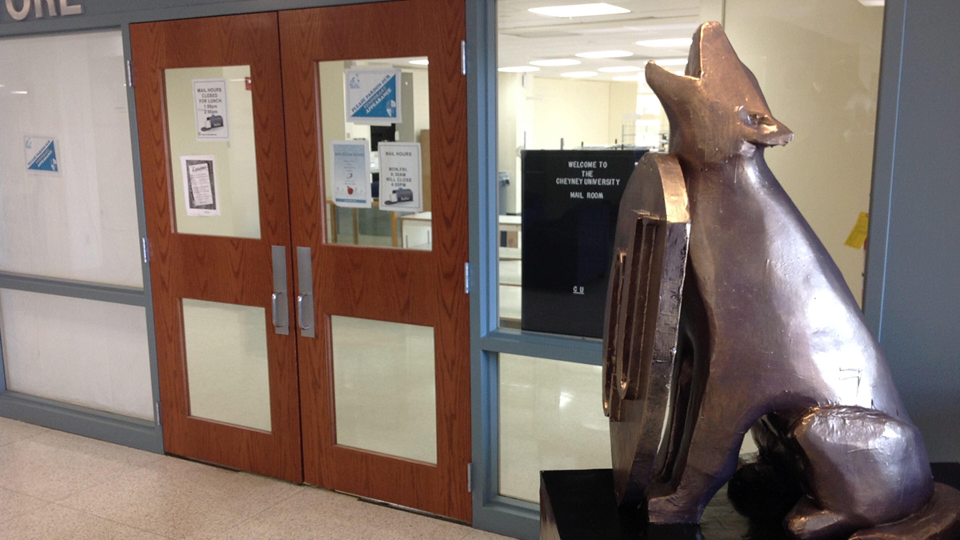 The Lone Wolf. A statue of a howling wolf sits outside of the Cheyney University bookstore. Meager finances at the school forced the closing of the bookstore. (Ernie Suggs / esuggs@ajc.com)