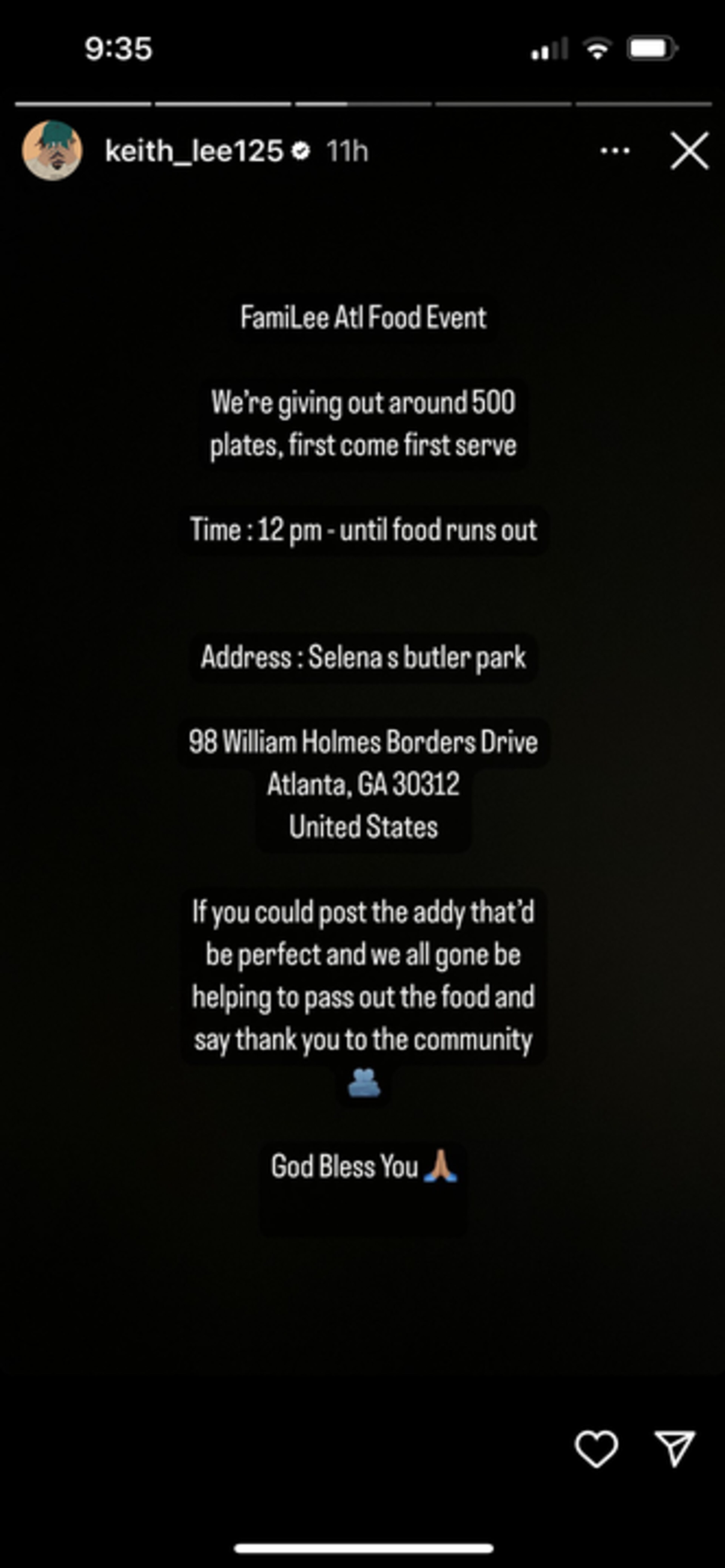 Viral food influencer Keith Lee announces a food giveaway in Atlanta on April 3, 2024, on Instagram Stories.