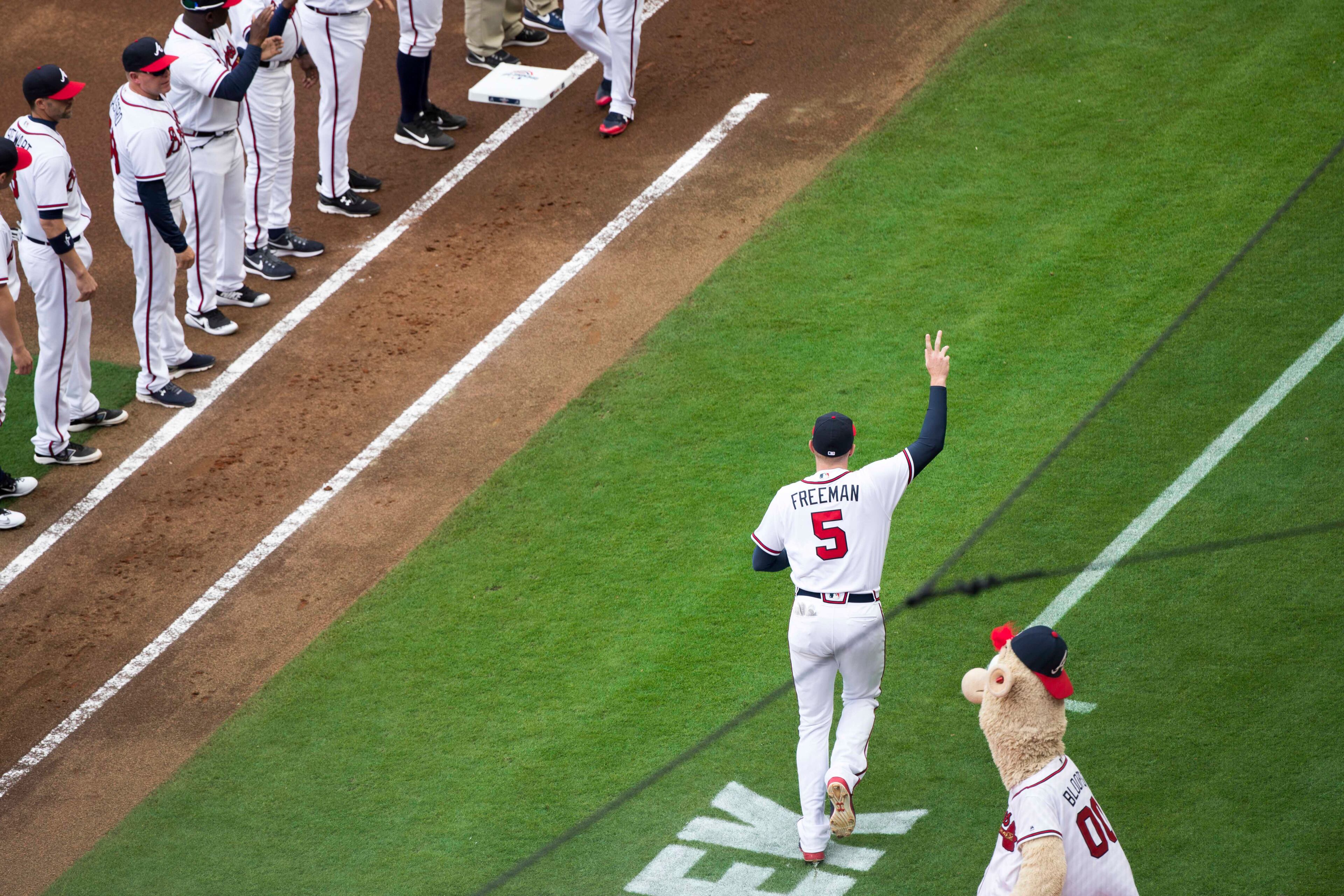 03/29/2018 -- Atlanta, GA - Braves infielder Freddie Freeman is introduced before season opener game against the Philadelphia Phillies at SunTrust Park, Thursday, March 29, 2018. ALYSSA POINTER/ALYSSA.POINTER@AJC.COM