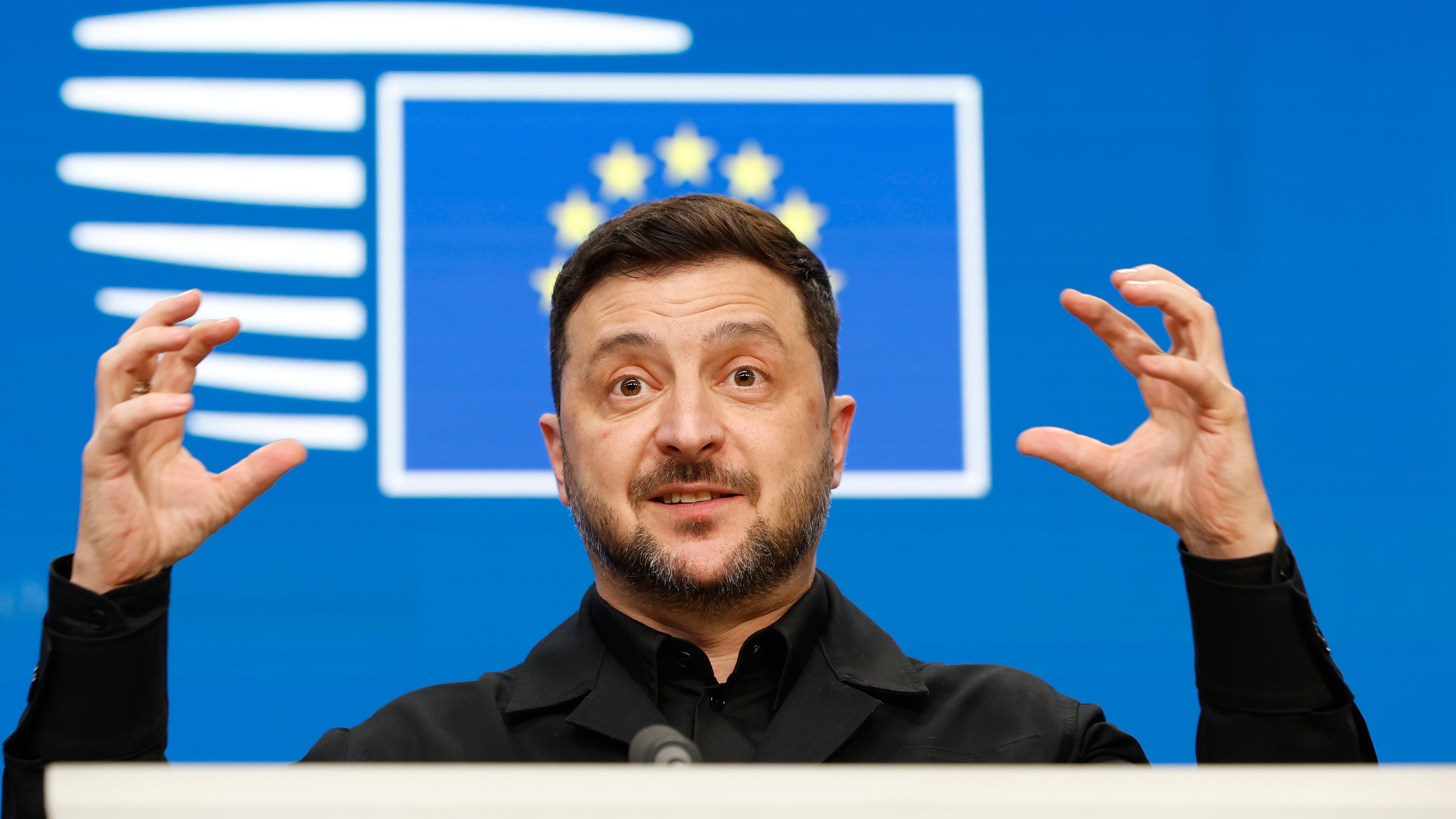 Ukraine's President Volodymyr Zelenskyy speaks during a media conference at the EU Summit in Brussels, Thursday, Dec. 18, 2025. (AP Photo/Geert Vanden Wijngaert)