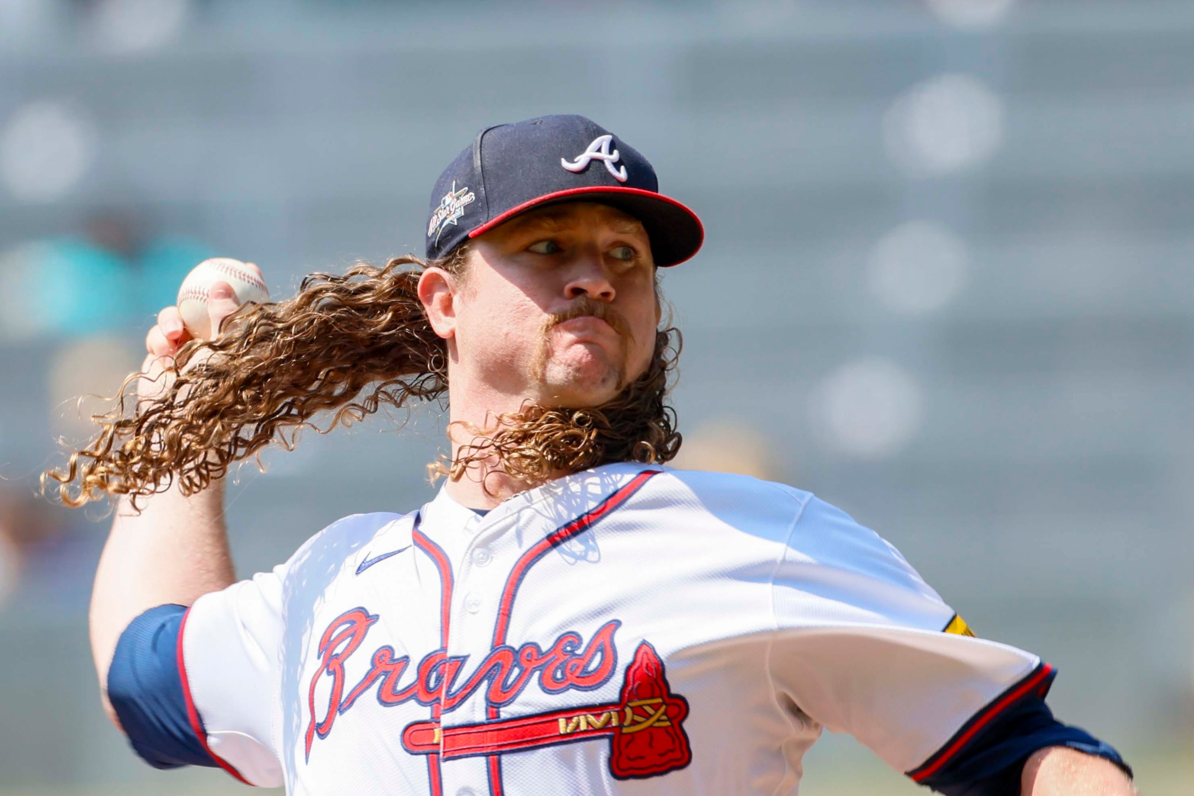 Braves starting pitcher Grant Holmes throws a pitch to a Baltimore Orioles batter during the first inning at Truist Park on Sunday, July 6, 2025, in Atlanta.
(Miguel Martinez/ AJC)