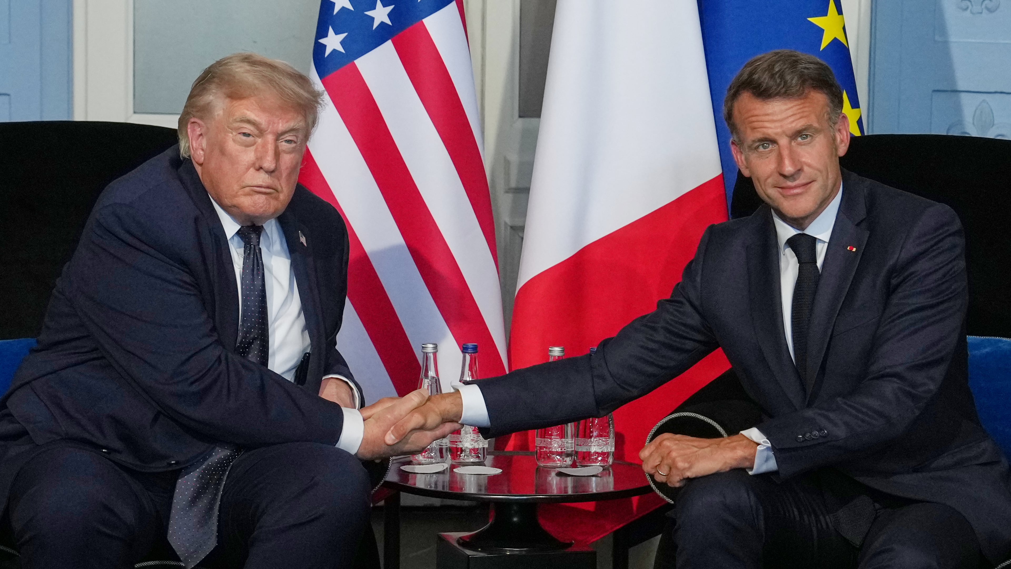 President Donald Trump meets with French President Emmanuel Macron during a bilateral meeting on the sidelines of the G7 summit, Monday, June 15, 2026, in Evian-les-Bains, France. (AP Photo/Julia Demaree Nikhinson)