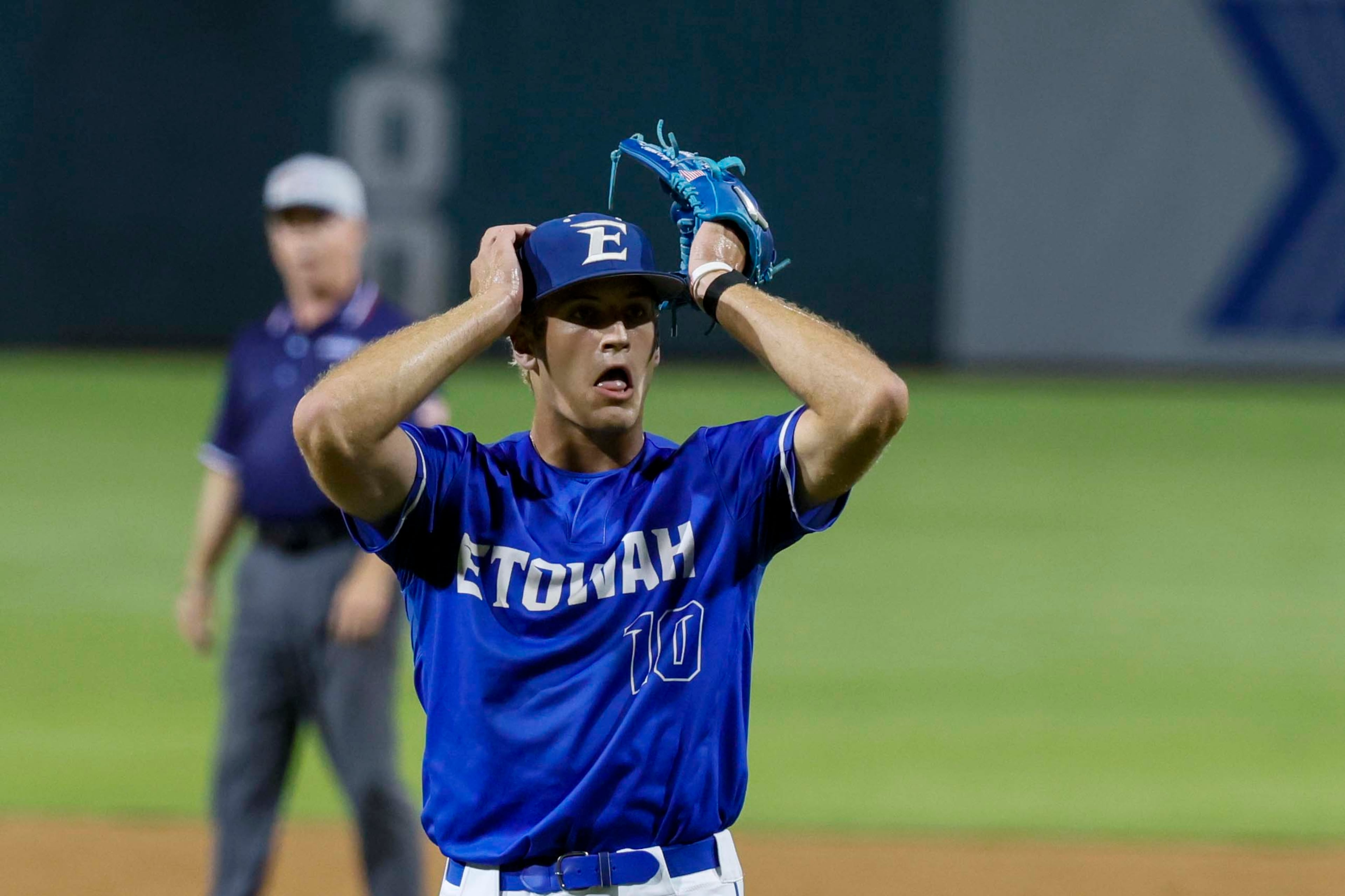 Etowah Eagles pitcher Matthew Sharman reacts after a wild pitch during the first inning of Game 1 of the Class 6A GHSA baseball finals at Gwinnett Field on Tuesday, May 26, 2026, in Lawrenceville, Ga. (Miguel Martinez/AJC)