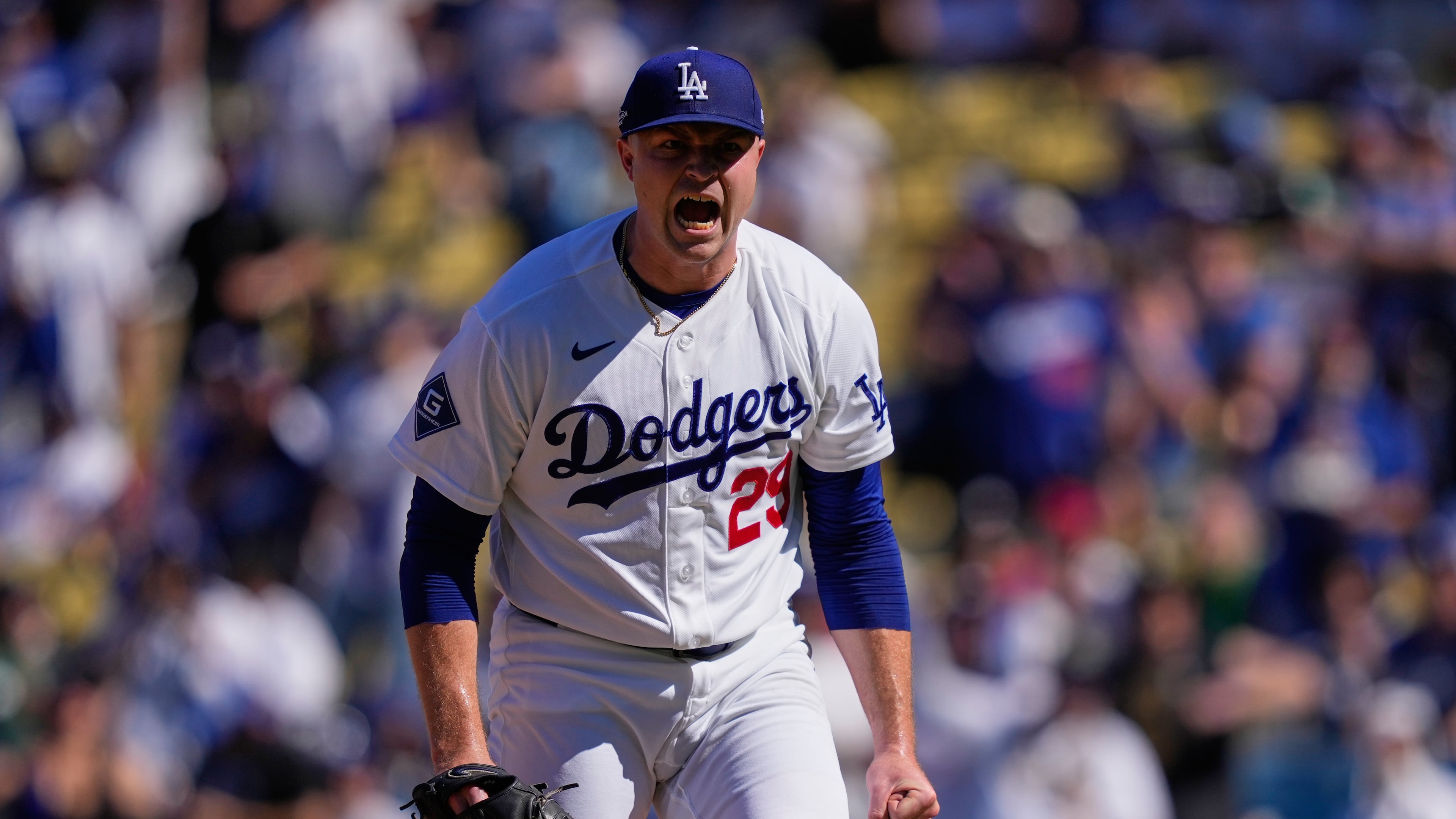 Los Angeles Dodgers starting pitcher Tarik Skubal celebrates after striking out Atlanta Braves' Austin Riley during the fifth inning of Game 1 of a National League Division Series baseball game Saturday, Oct. 3, 2026, in Los Angeles. (AP Photo/Mark J. Terrill)