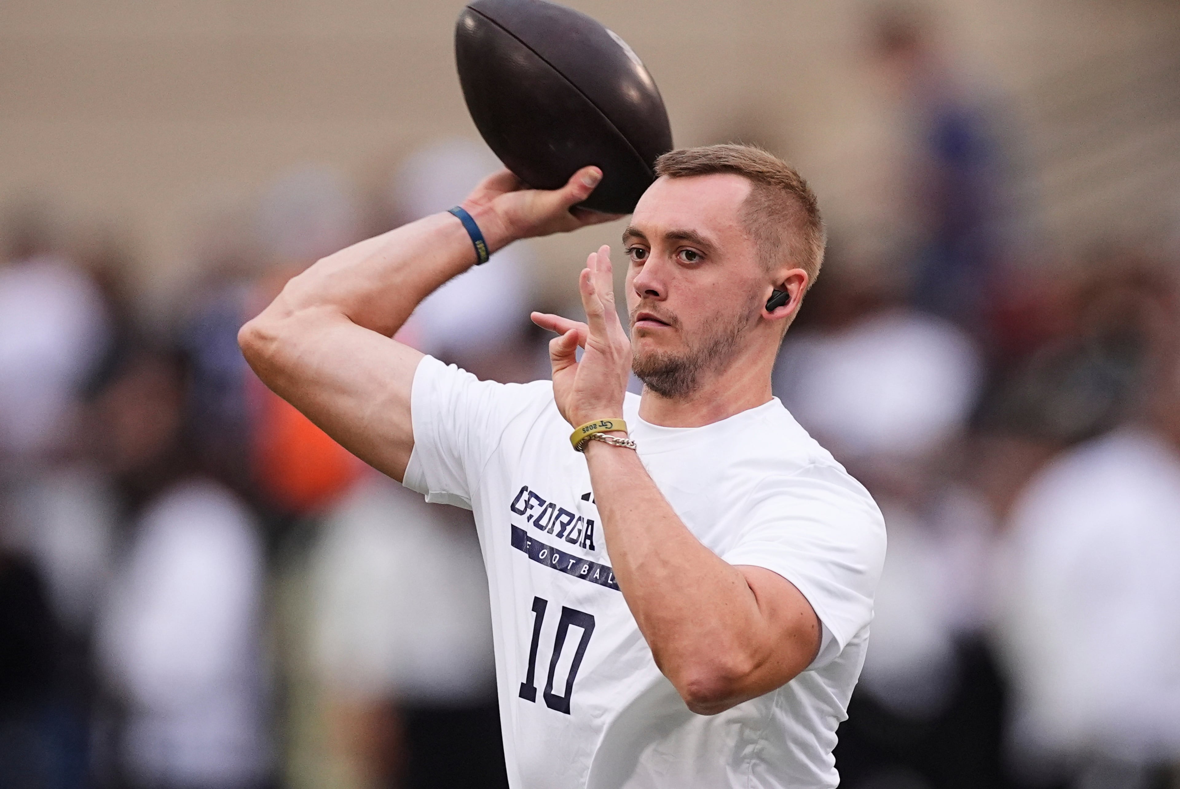 Georgia Tech quarterback Haynes King warms up before a game against Colorado on Friday, Aug. 29, 2025, in Boulder, Colo. (David Zalubowski/AP)
