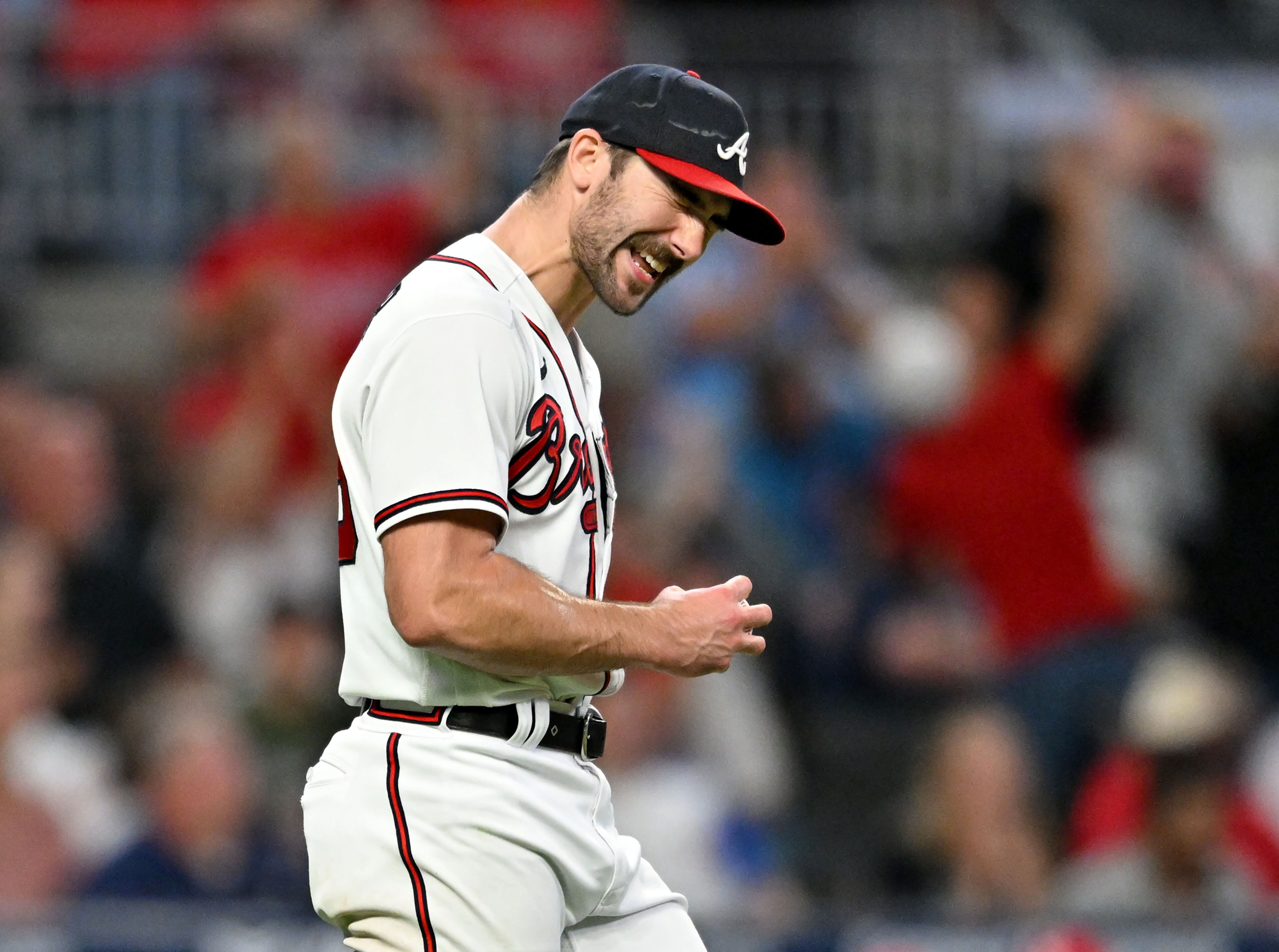 Atlanta Braves' starting pitcher Spencer Strider (99) reacts after allowing a 3-run home run by Philadelphia Phillies' designated hitter Bryce Harper during the sixth inning at Truist Park, Tuesday, September 19, 2023, in Atlanta. Atlanta Braves won 9-3 over Philadelphia Phillies. (Hyosub Shin / Hyosub.Shin@ajc.com)