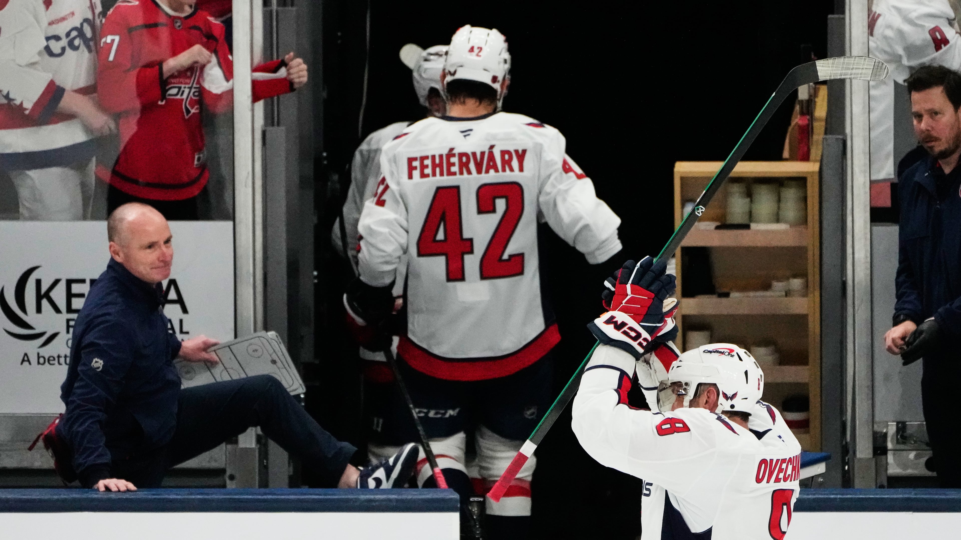 Washington Capitals left wing Alex Ovechkin (8) acknowledges fans as he leaves the ice after the Capitals defeated the Columbus Blue Jackets in an NHL hockey game Tuesday, April 14, 2026, in Columbus, Ohio. (AP Photo/Sue Ogrocki)
