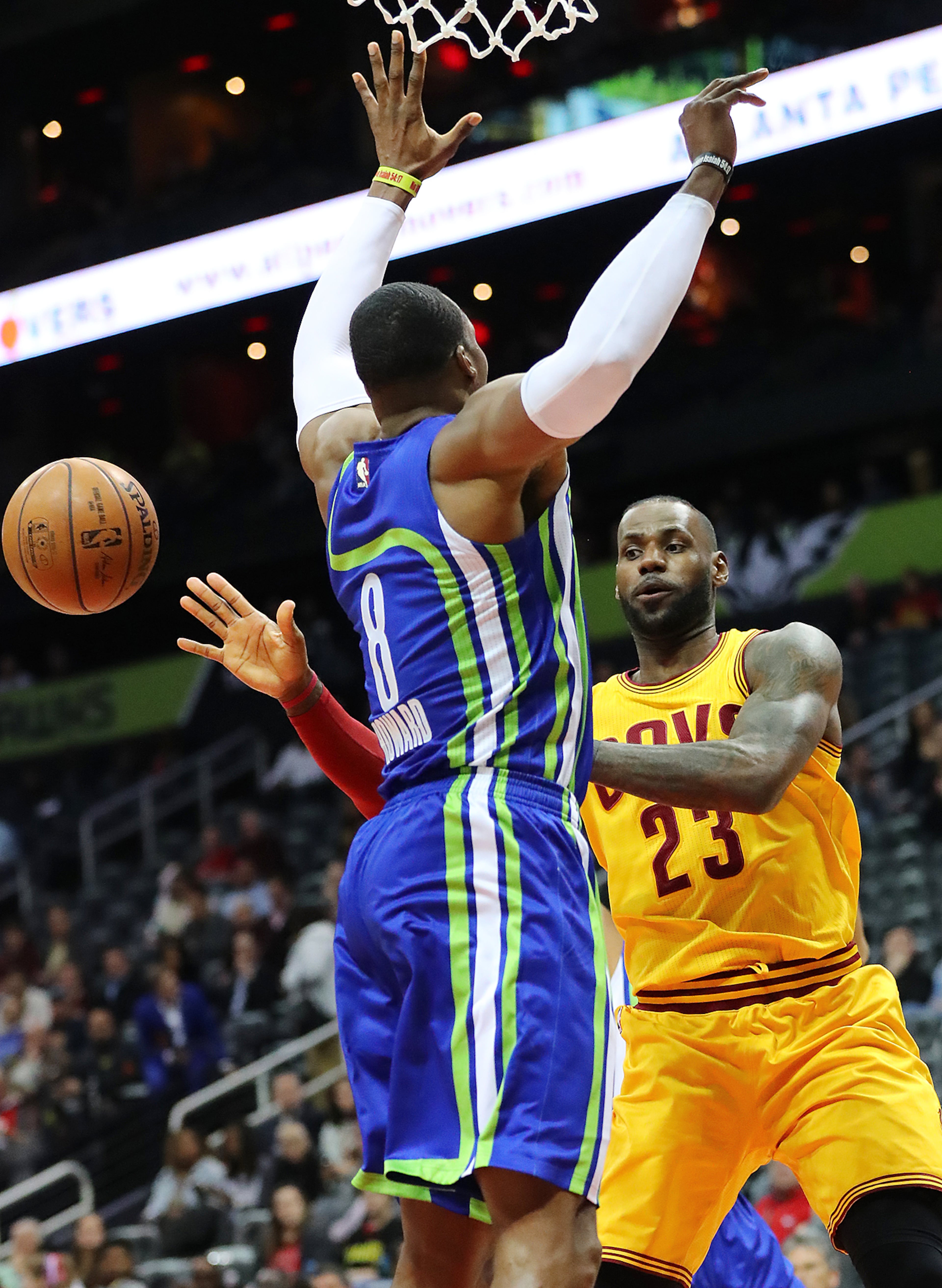 March 3, 2017, Atlanta: Hawks center Dwight Howard forces Cavaliers forward LeBron James to pass off under the basket during the first quarter in a NBA basketball game at Philips Arena on Friday, March 3, 2017, in Atlanta. Curtis Compton/ccompton@ajc.com