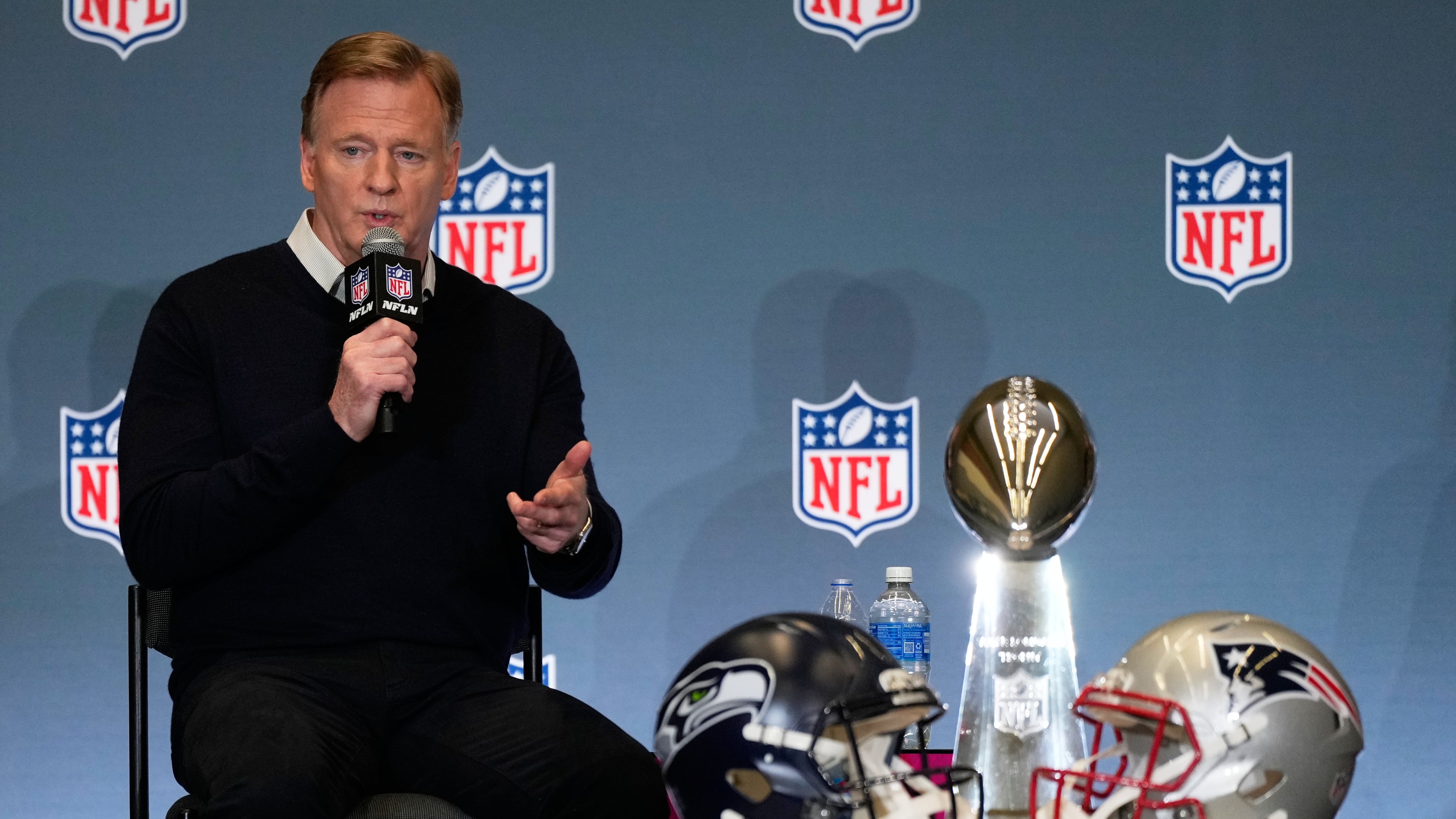 NFL commissioner Roger Goodell speaks during his state of the NFL news conference on Monday, Feb. 2, 2026, in San Jose, Calif., ahead of the Super Bowl 60 football game between the Seattle Seahawks and the New England Patriots. (AP Photo/Matt York)