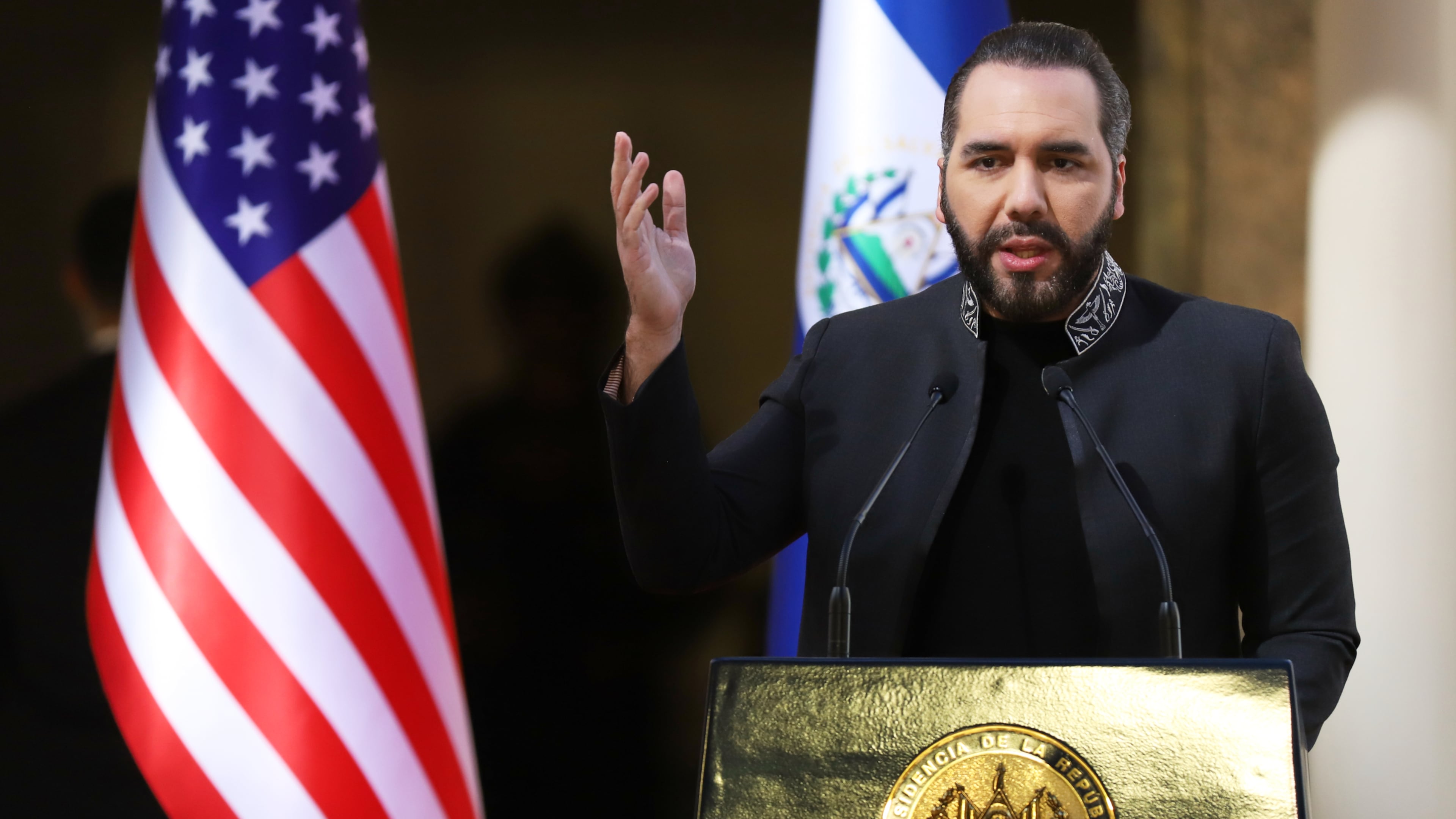 FILE - El Salvador's President Nayib Bukele speaks at the National Palace as he hosts a meeting with U.S. congresspeople in San Salvador, El Salvador, Jan. 19, 2026. (AP Photo/Salvador Melendez, File)