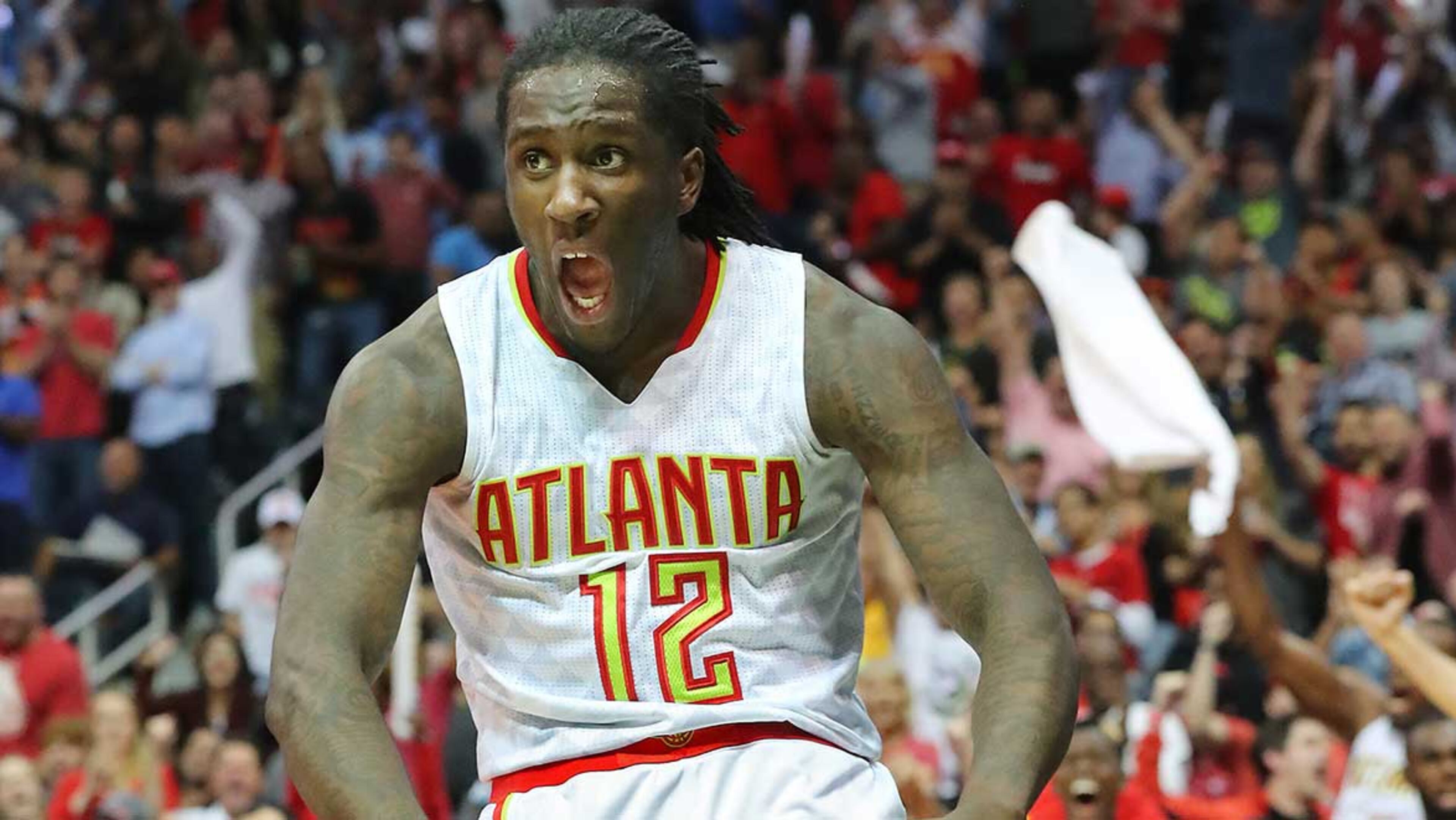 Taurean Prince reacts to scoring against the Washington Wizards and drawing the foul in game 4 of a first-round NBA basketball playoff series on Monday, April 24, 2017, in Atlanta.