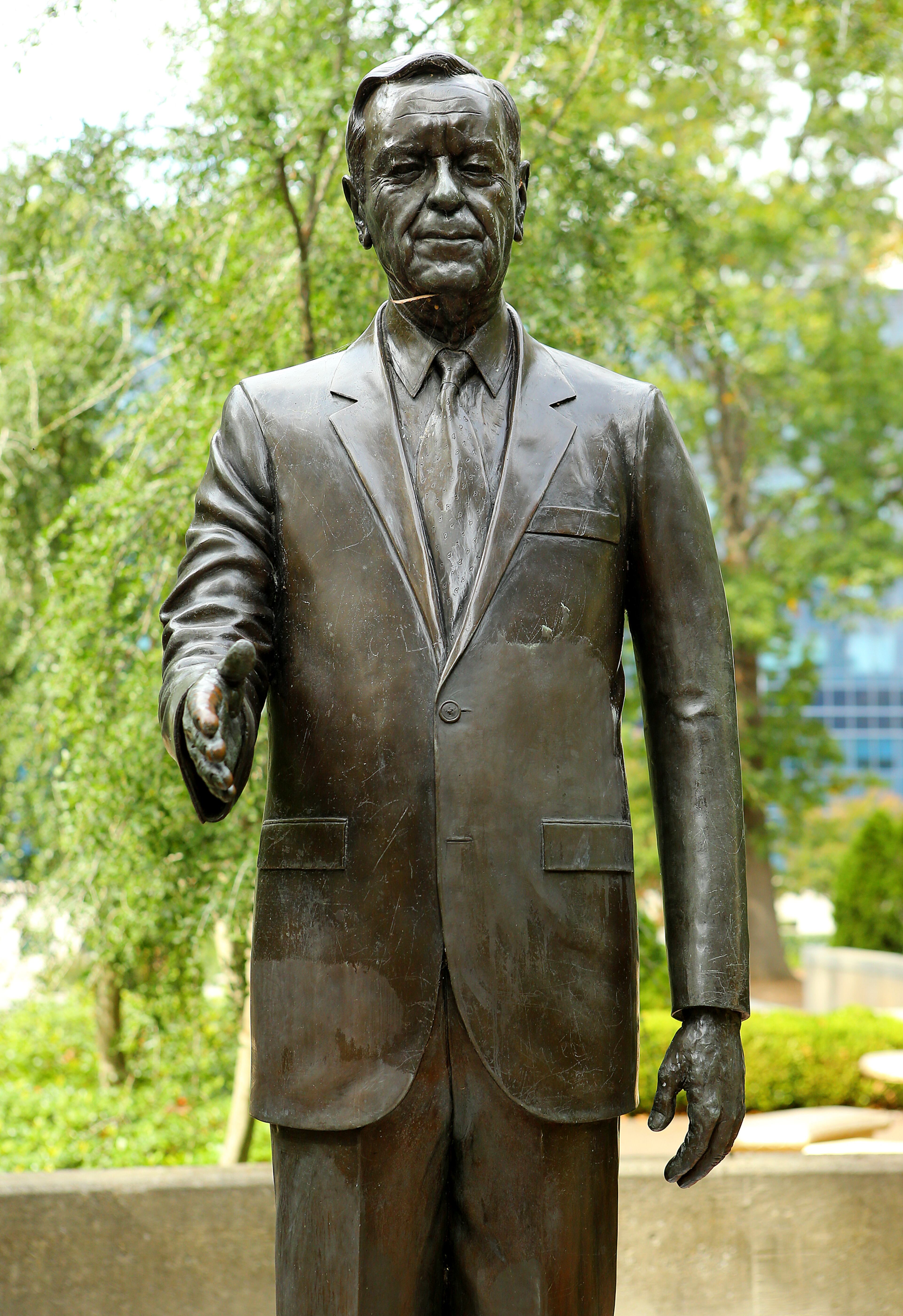 Son of Gene, “Hummon” was a governor and longtime U.S. senator from Georgia. He declared in 1956 that “God advocates segregation.” Two years earlier, Talmadge was among the loudest critics of the Supreme Court’s decision in Brown vs. Board of Education and vowed that he would never permit the integration of schools. In 1955, Talmadge even wrote a 79-page book called “You and Segregation” making his twisted case for separating the races. The statue is located across the street from the Capitol in Georgia Plaza Park. -- Sources: AJC files, New Georgia Encyclopedia, New York Times