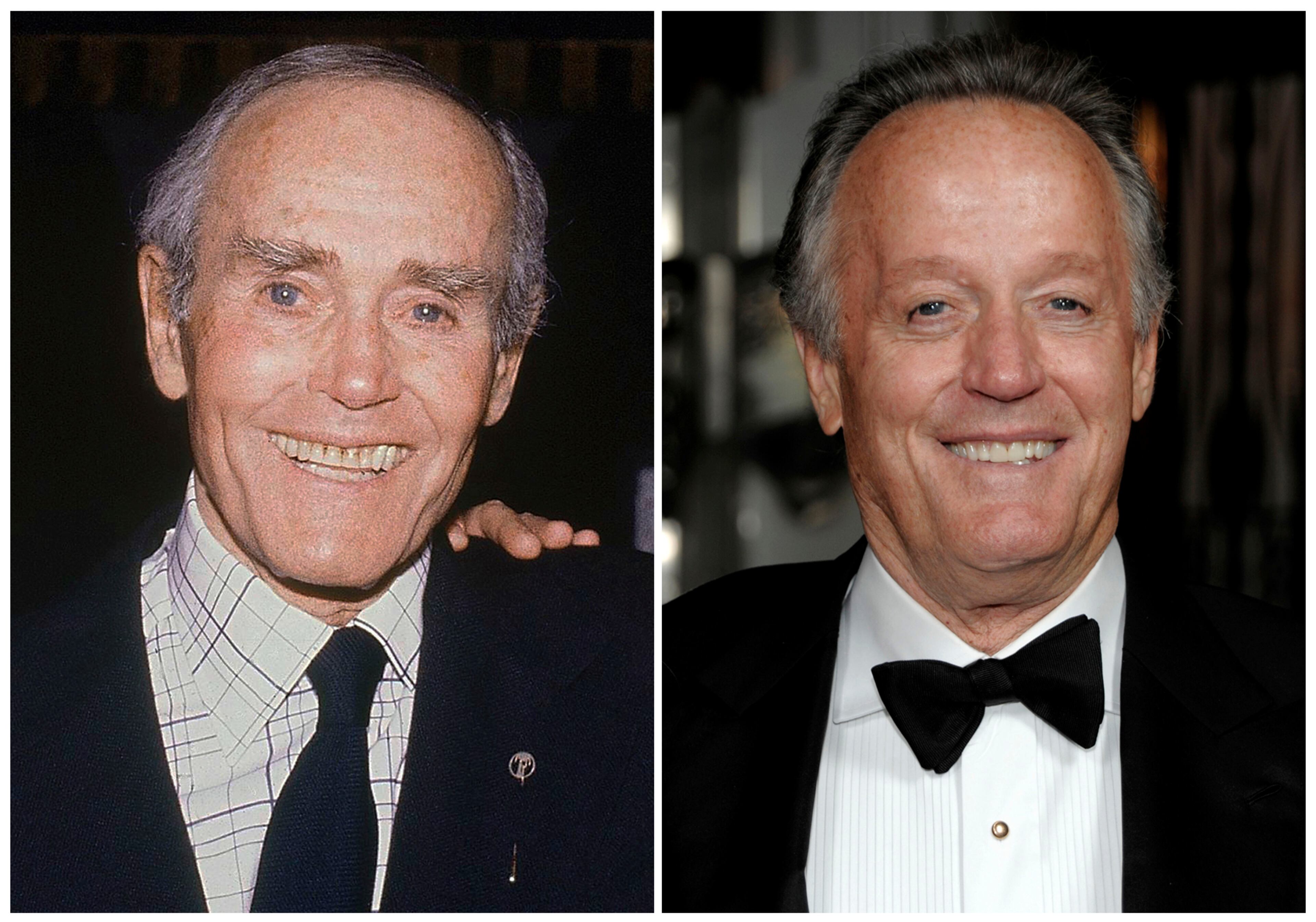 Henry Fonda appears at his 75th birthday celebration on May 16, 1980, left, and his son Peter Fonda appears at the 64th Annual Directors Guild of America Awards in Los Angeles on Jan. 28, 2012. (AP Photo/Randy Rasmussen, left, and Dan Steinberg)