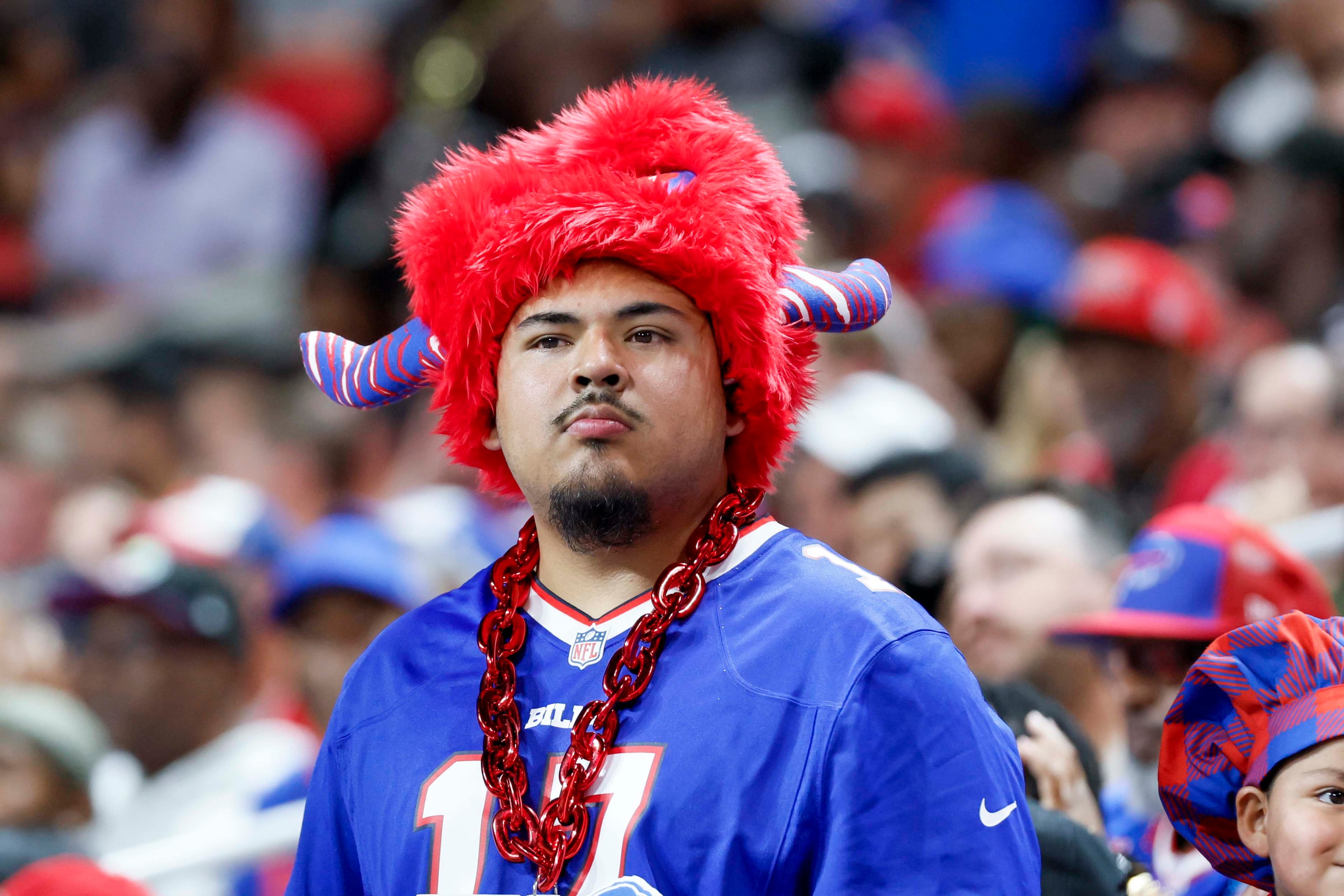 A Buffalo Bill fan stay quite as he sees his team falling against the Atlanta falcons during the second half of an NFL football game against the Buffalo Bills at Mercedes-Benz Stadium in Atlanta on Monday, October 13, 2025.
(Miguel Martinez/ AJC)