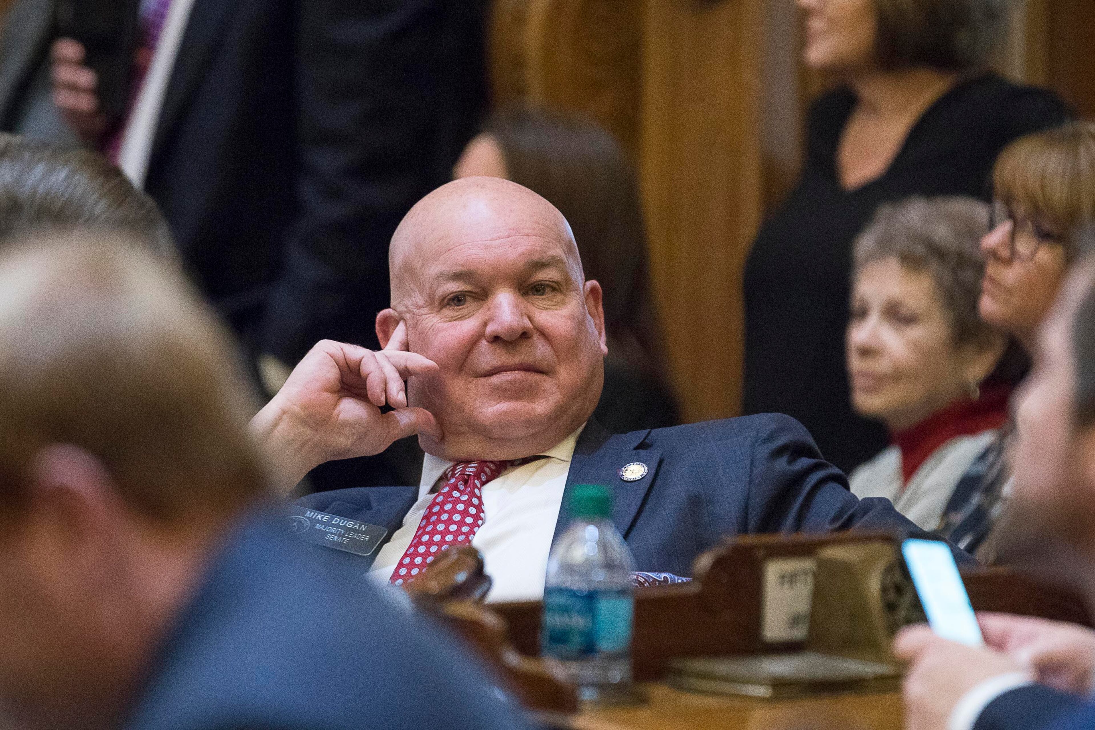 01/14/2019 -- Atlanta, Georgia -- Senate majority leader Mike Dugan (center) listens as members of the Senate minority party seek answers for Senate Bill 4 during the first session in the Senate chambers at the State Capitol building, Monday, January 14, 2019. (ALYSSA POINTER/ALYSSA.POINTER@AJC.COM)