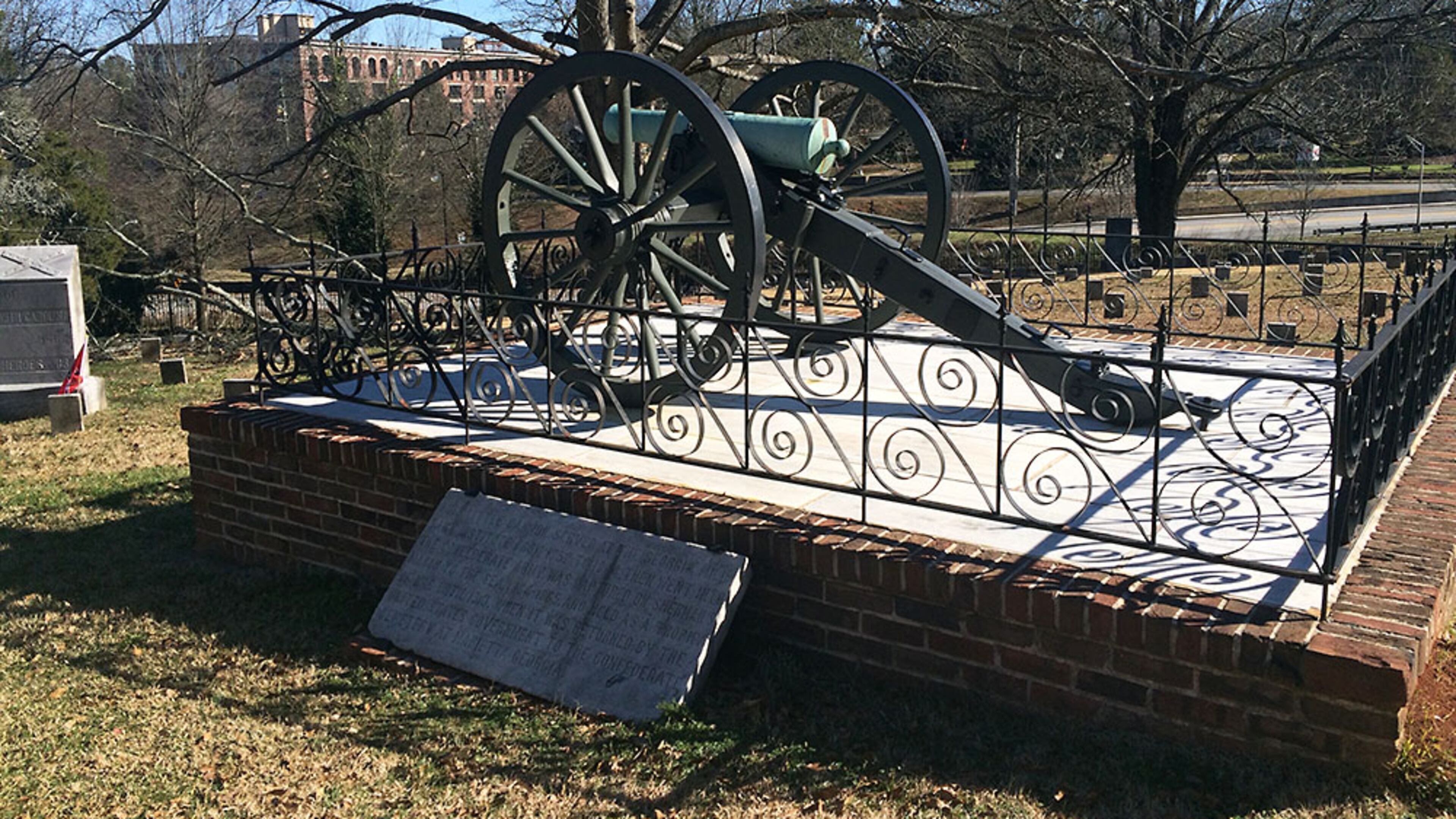 THE LITTLE CANNON (Marietta Confederate Cemetery): We'll let the carving by this cannon tell the story: “This little cannon served at the Georgia Military Institute from 1852 to 1864, then went into the Confederate Army, was captured on Sherman's March to the Sea, 1864-1865, was held as a trophy of war until 1910, when it was returned by the United States government to the Confederate Cemetery at Marietta Georgia.”