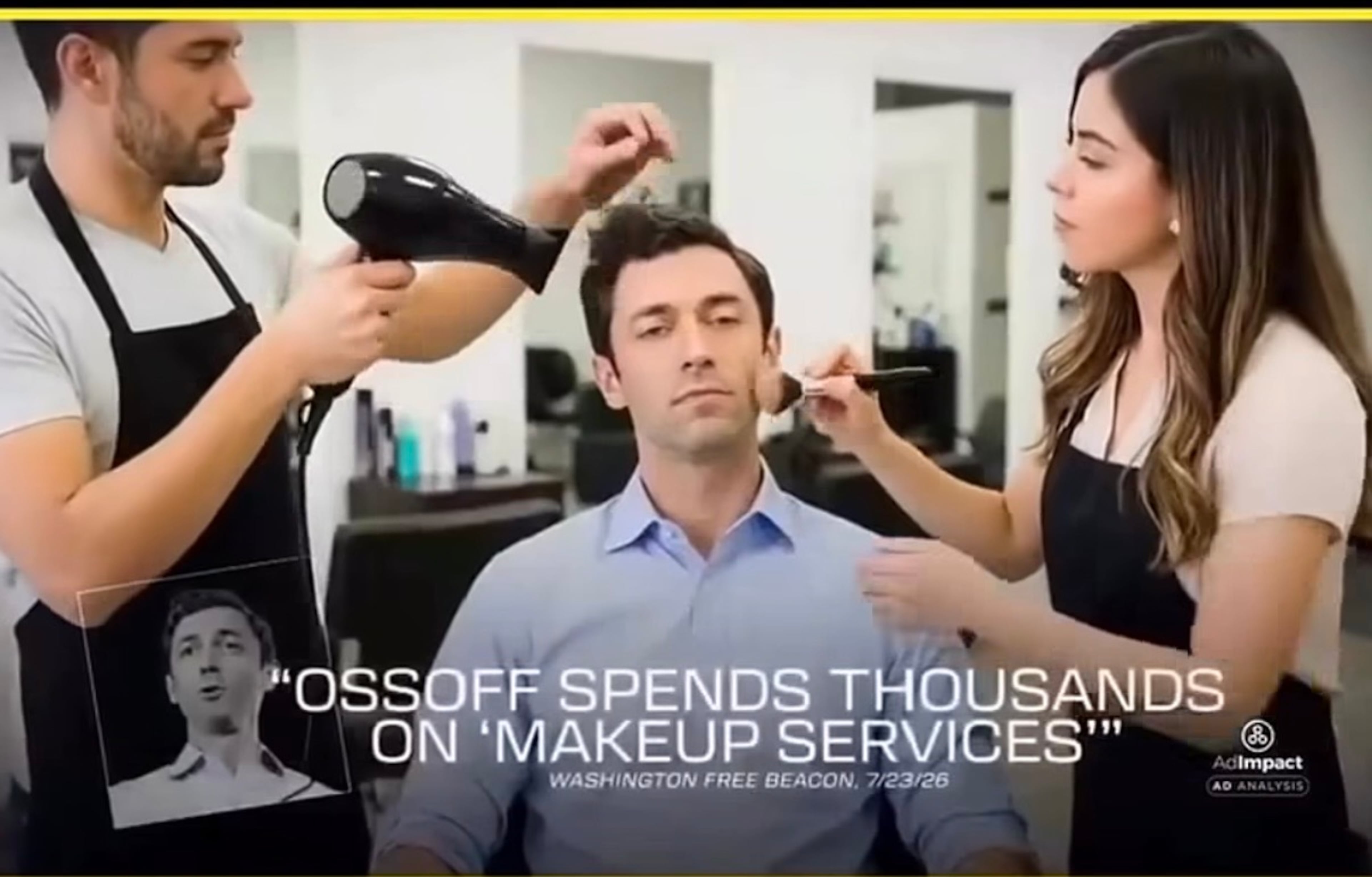 An AI-generated attack ad portrays U.S. Senator Jon Ossoff getting the hair and makeup works.