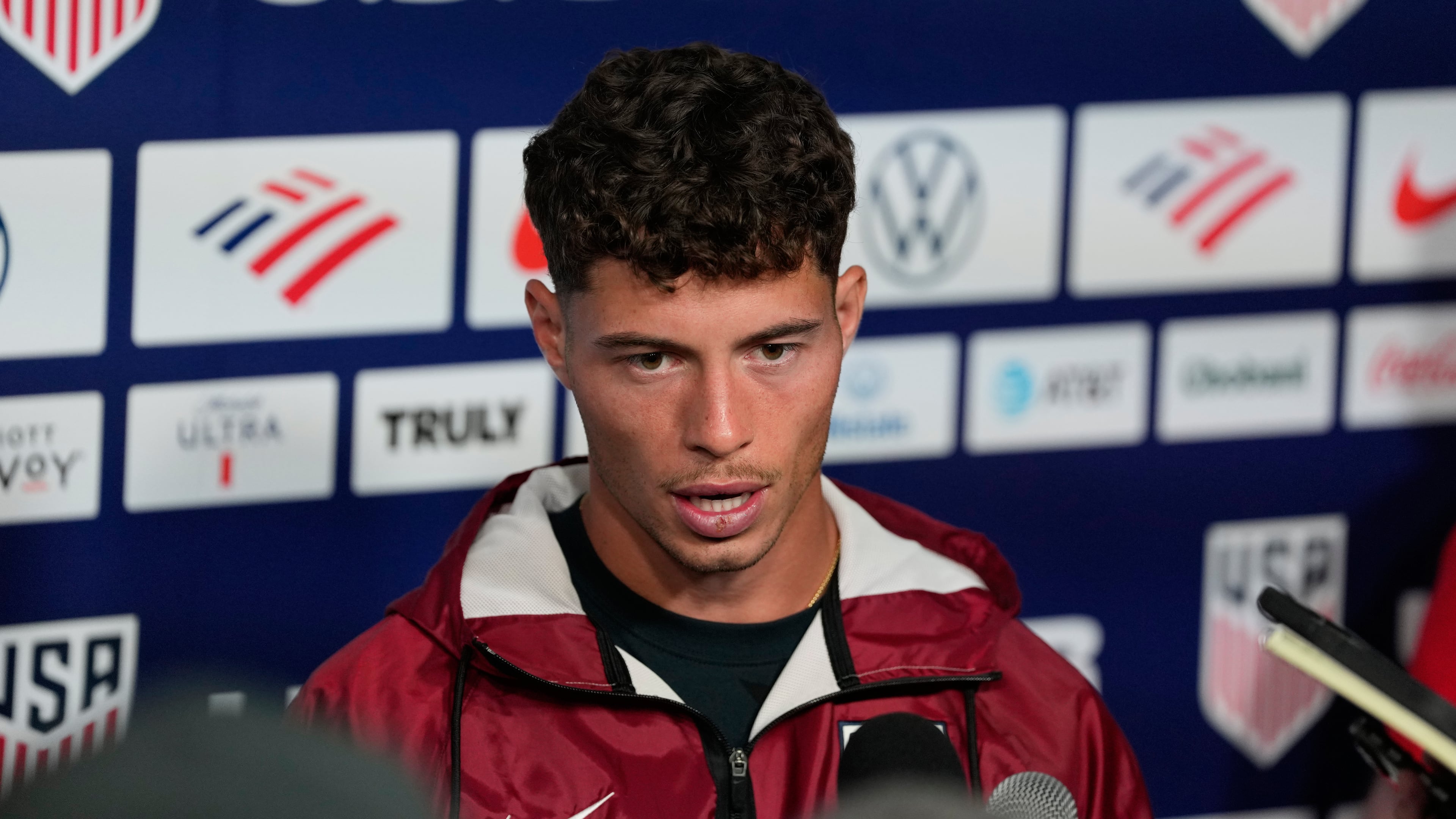 United States' Sebastian Berhalter speaks with the media before a training session ahead of the FIFA World Cup match against Australia in Irvine, Calif., Tuesday, June 16, 2026. (AP Photo/Andre Penner)