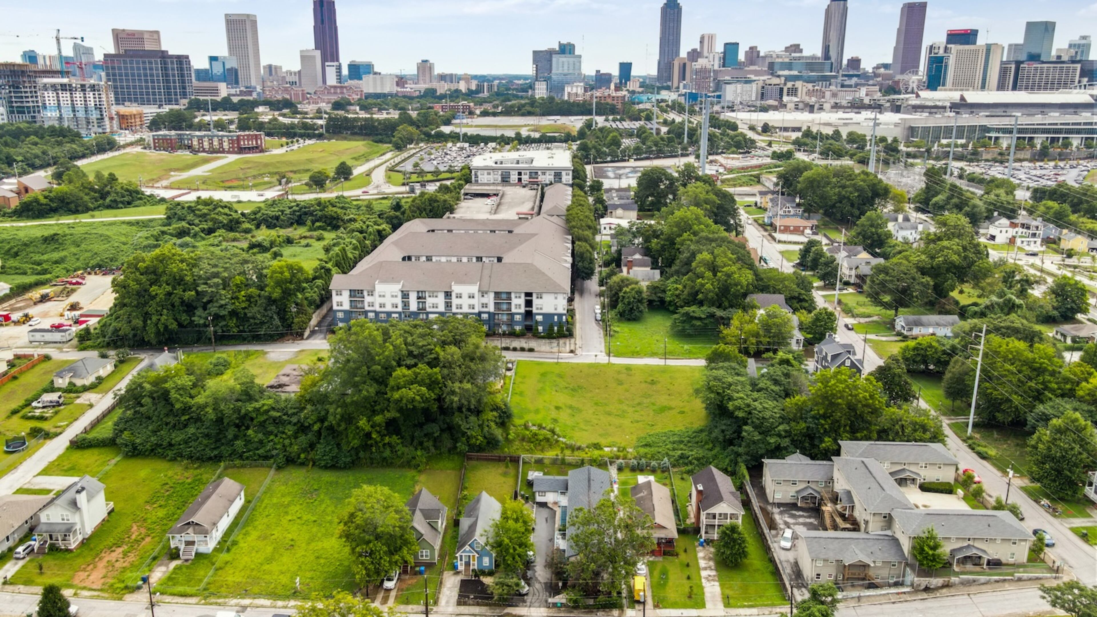 Elm Street (bottom) is in the Vine City neighborhood, close to the Mercedes-Benz Stadium and the Beltline. (Zachary Toth Photography/Courtesy of People’s Community Land Trust)