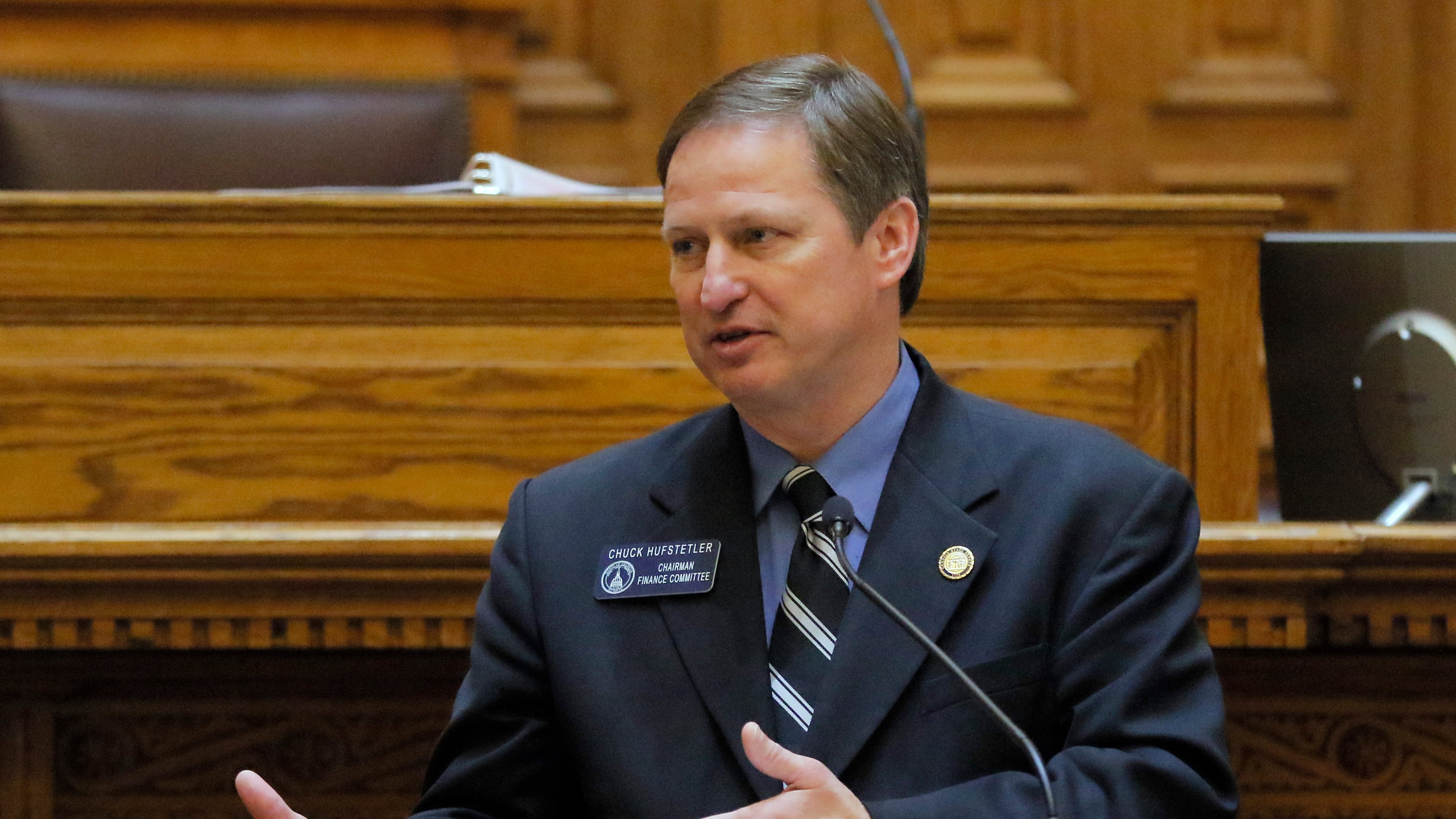 Mar. 24, 2017 - Atlanta - Sen. Chuck Hufstetler, R-Rome, presents HB 340. Legislation that increases taxes on consumers who purchase used cars passed the state Senate Friday. House Bill 340, sponsored by Rep. Shaw Blackmon, R-Bonaire, is designed to rectify a 2012 law that allows used-car dealers to benefit from the tax structure.The 38th legislative day of the 2017 Georgia General Assembly tomorrow. BOB ANDRES /BANDRES@AJC.COM