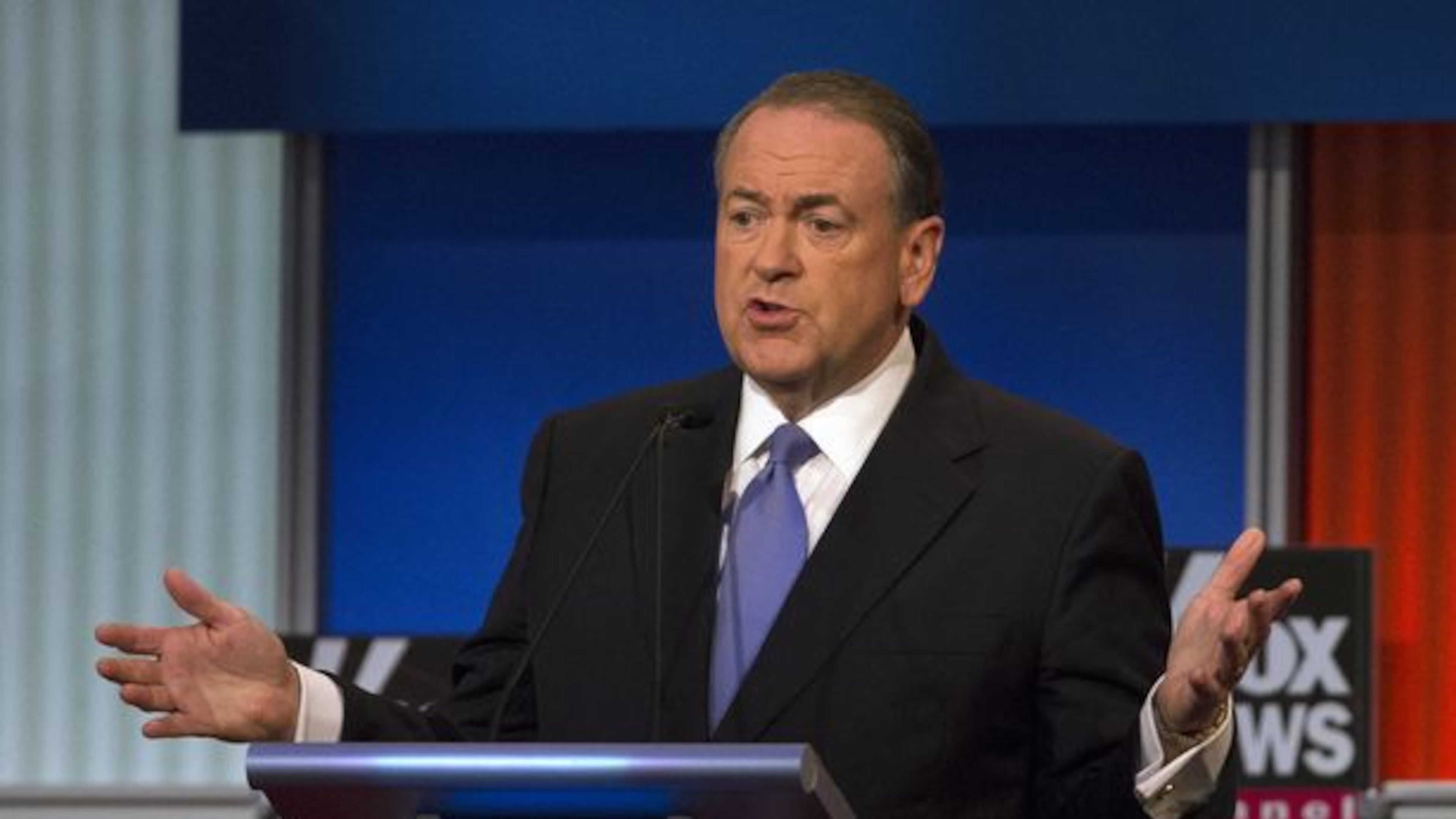 Mike Huckabee makes a point during the Aug. 6 GOP debate. (AP Photo / John Minchillo)