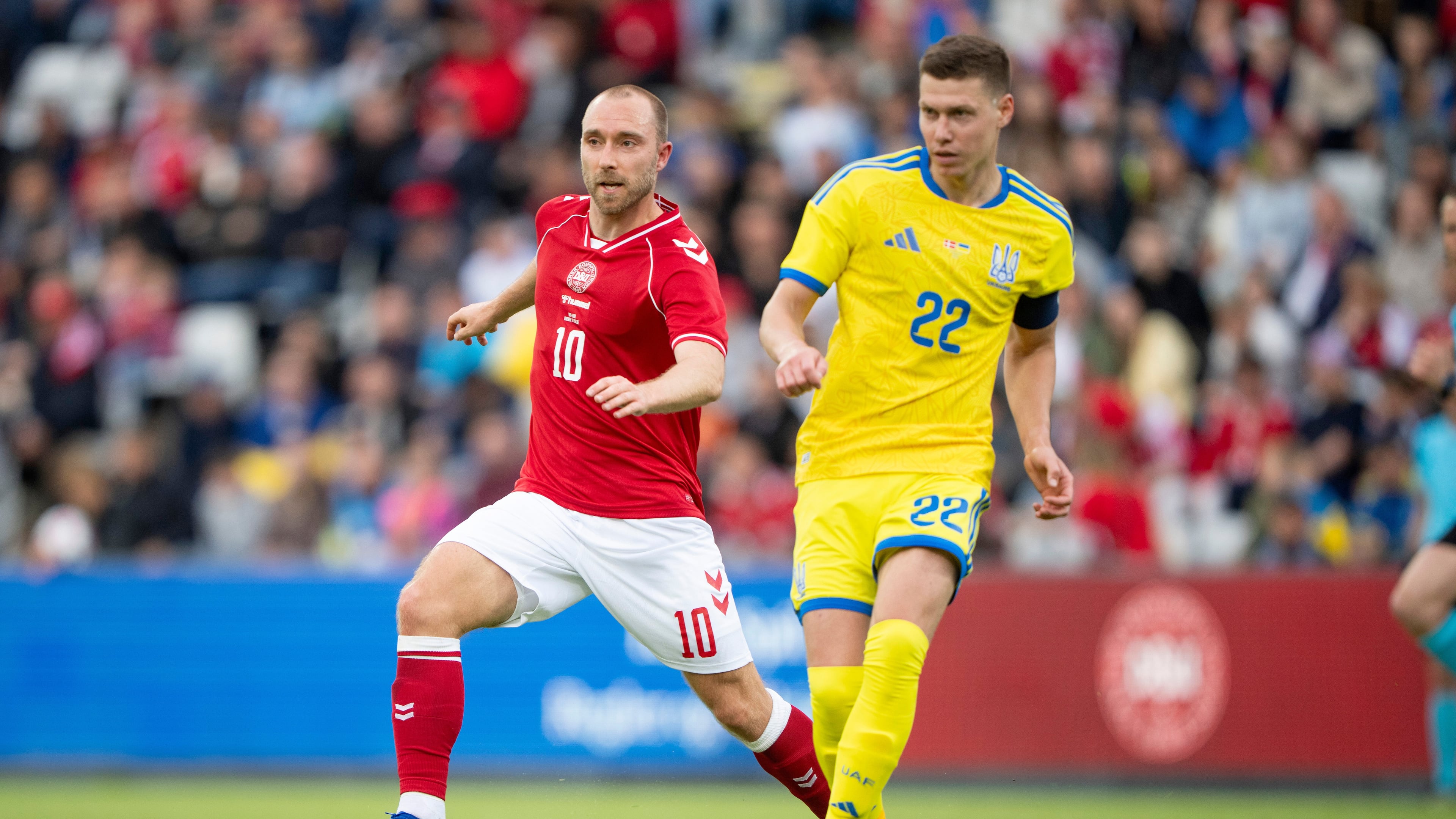 Denmark's Christian Eriksen, left, in action with Ukraine's Mykola Matviyenko during an international football game, in Odense, Denmark, Sunday, June 7, 2026. (Bo Amstrup/Ritzau Scanpix via AP)