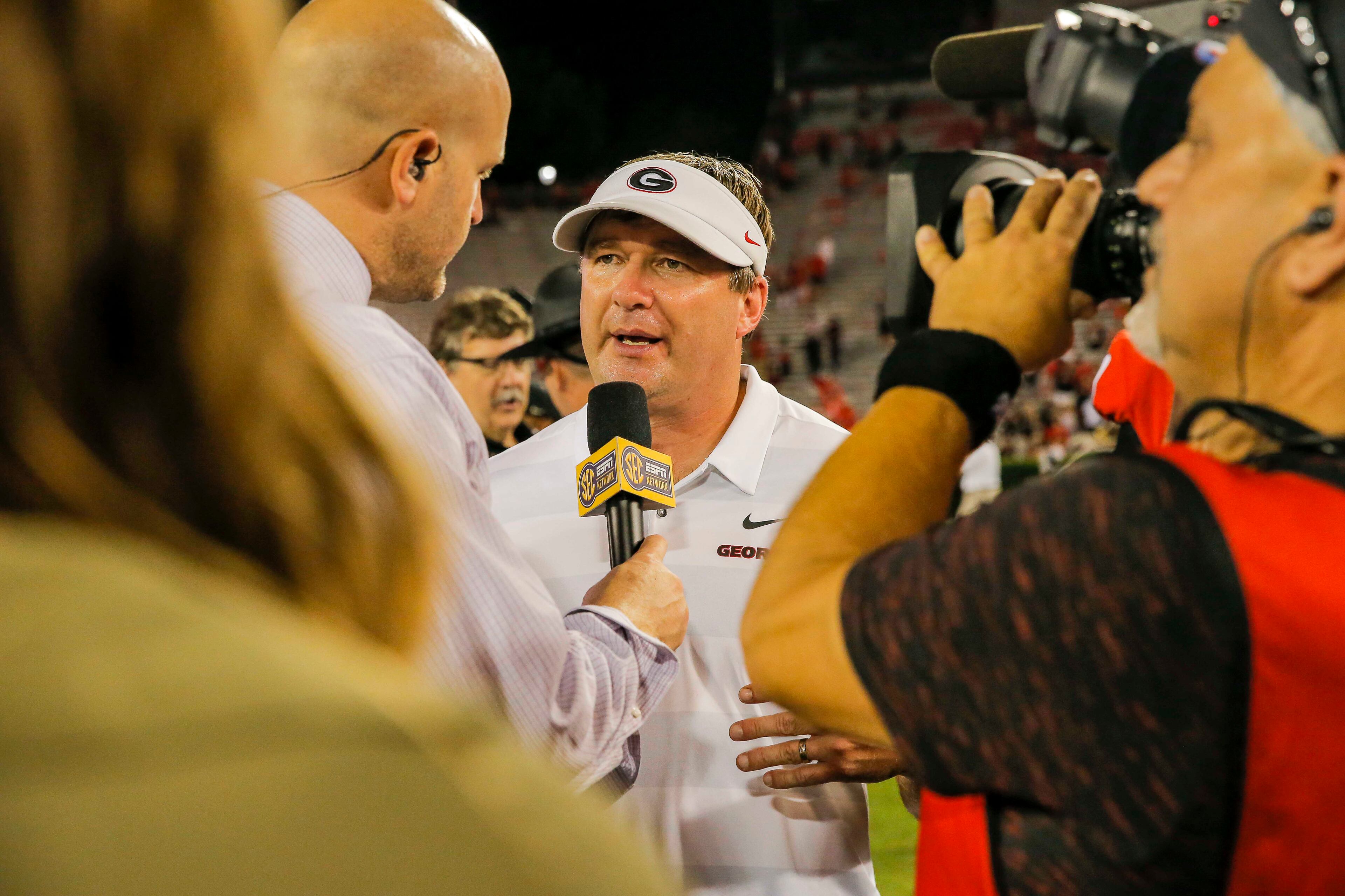 10/06/2018 -- Athens, Georgia -- Georgia head coach Kirby Smart answers questions following the game against Vanderbilt at Sanford Stadium in Athens, Saturday, October 6, 2018. The Bulldogs beat Vanderbilt 41-13. (ALYSSA POINTER/ALYSSA.POINTER@AJC.COM)