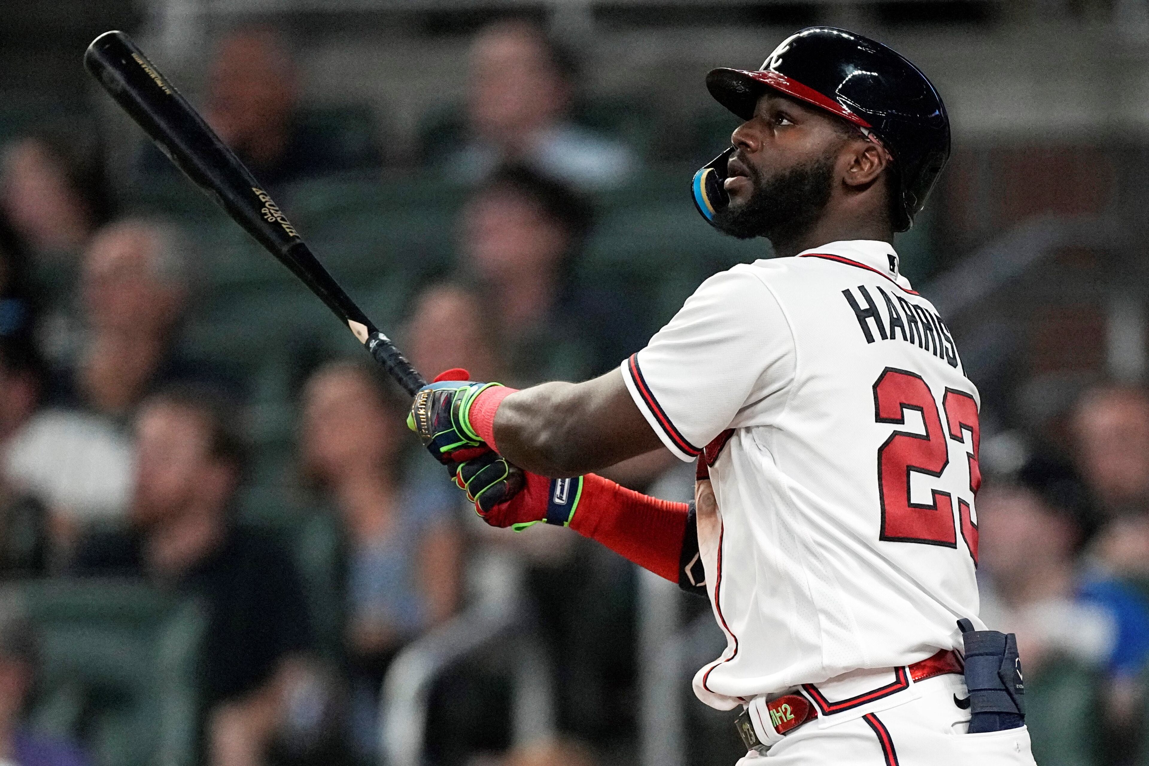 Michael Harris II watches his two-run home run in the eighth inning of a baseball game against the New York Mets, Wednesday, June 7, 2023, in Atlanta. (AP Photo/John Bazemore)