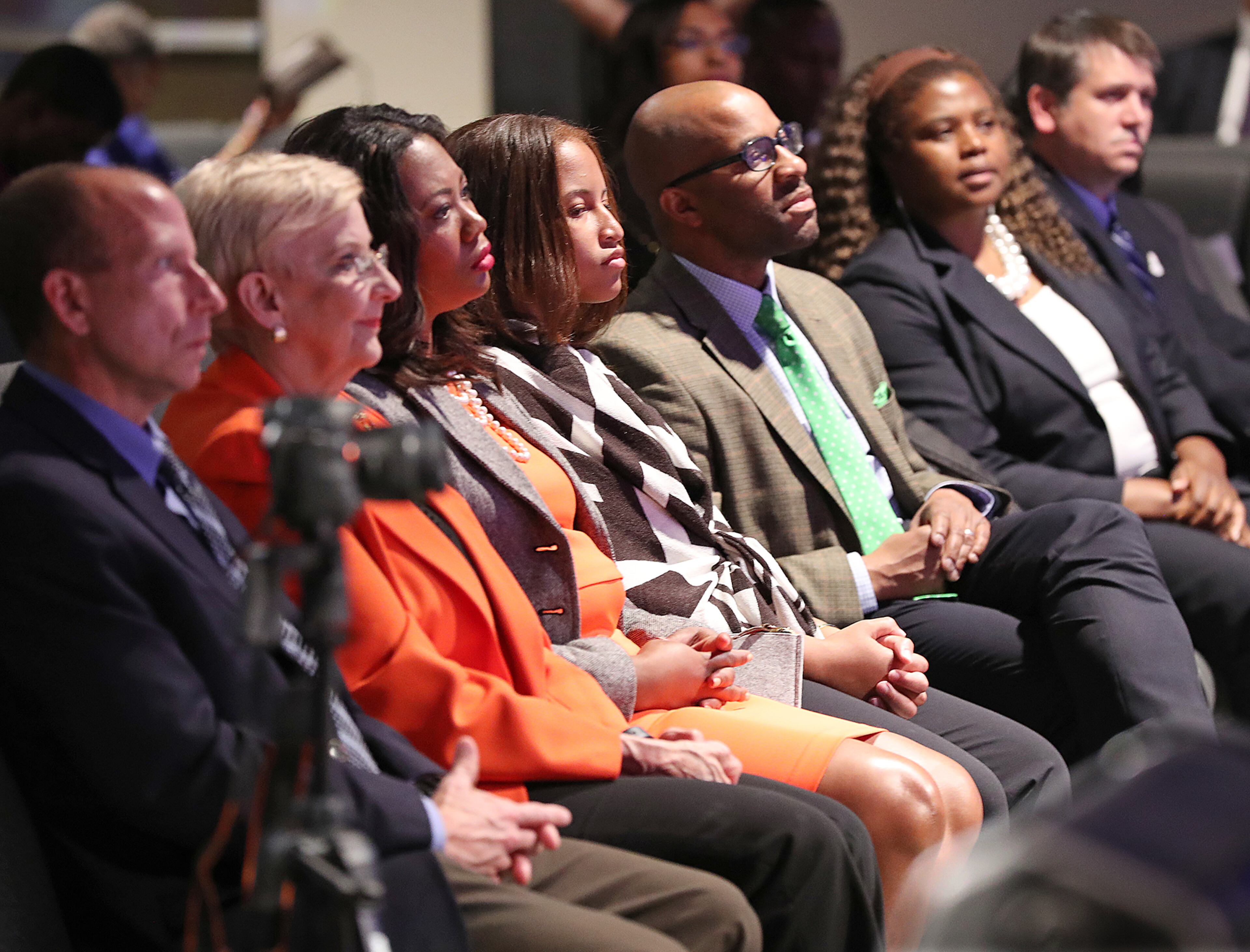 Members of the audience, including first lady Sandra Deal, listen as Gov. Nathan Deal discusses the Opportunity School District referendum with moderator Karen Greer and members of the audience during a forum at Impact Church on Tuesday, Oct. 25, 2016, in East Point. Curtis Compton /ccompton@ajc.com