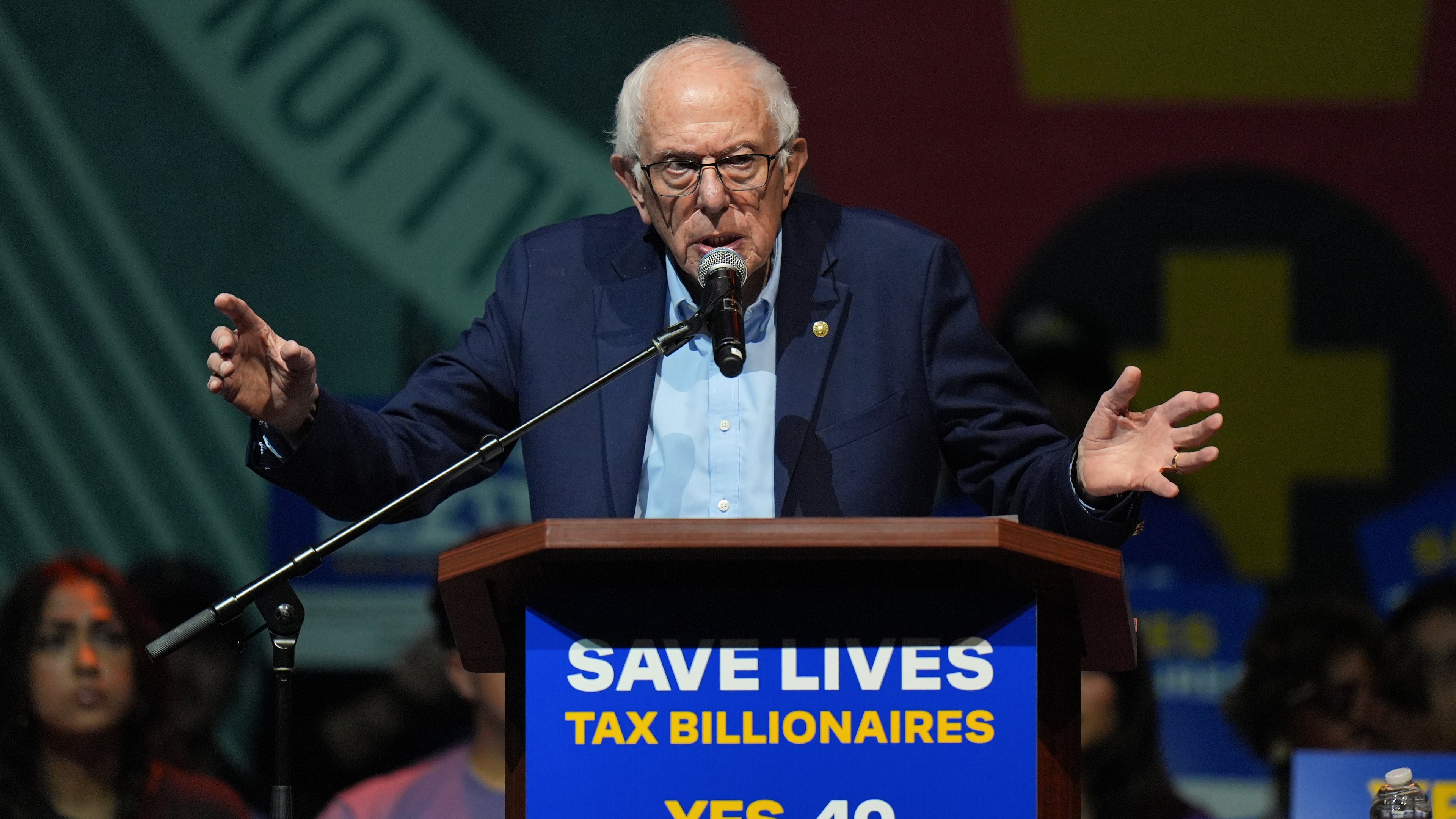 Sen. Bernie Sanders, I-Vt., speaks during a campaign rally in support of California Proposition 40, known as the billionaire tax, in Los Angeles, Monday, Oct. 5, 2026. (AP Photo/Jae C. Hong)