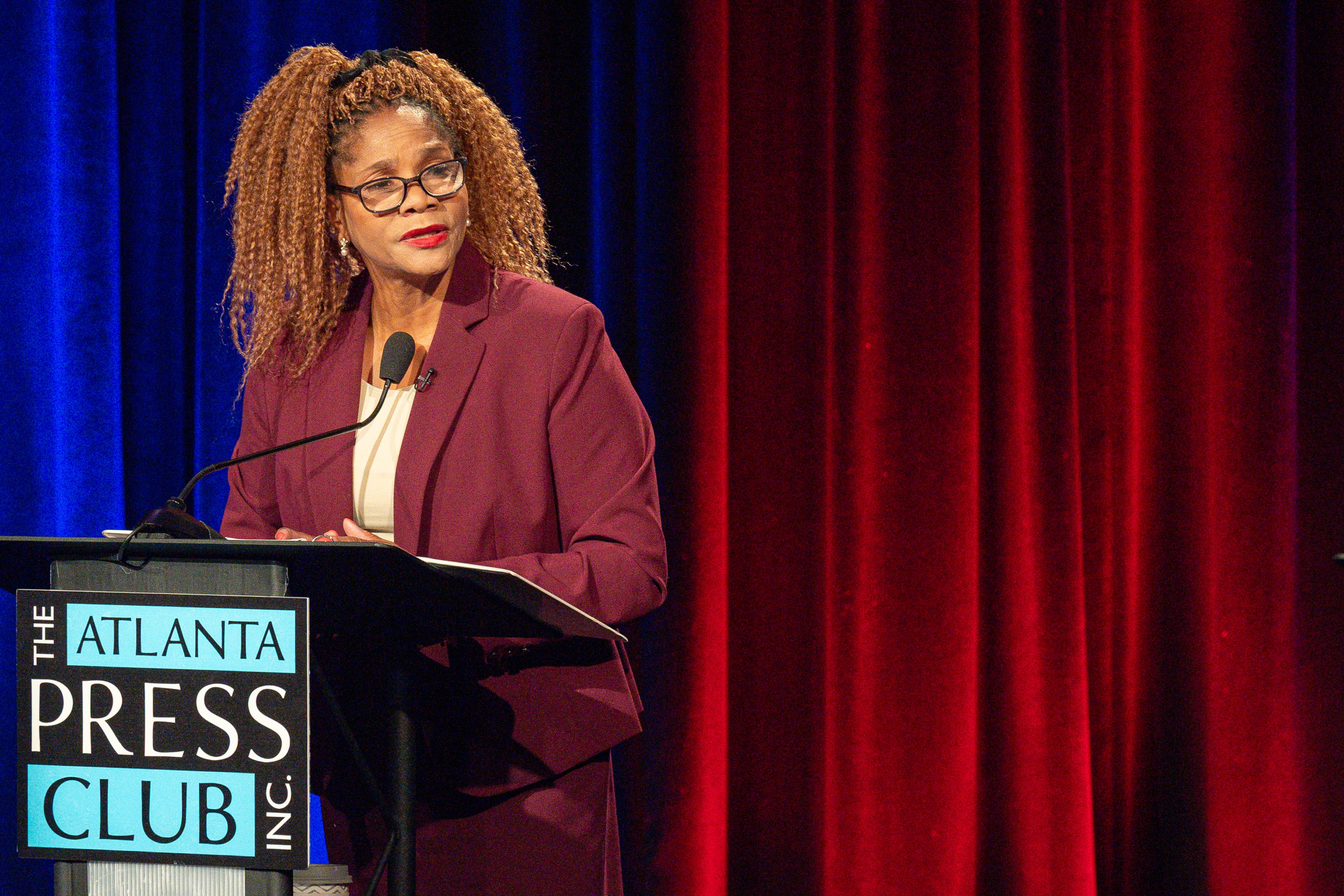 Democratic candidate for District 5 Public Service Commission Shelia Edwards debates Republican Josh Tolbert (not pictured) during the Atlanta Press Club Loudermilk-Young Debate Series on Oct. 12, 2026. (Pool photo by J Glenn Photography)