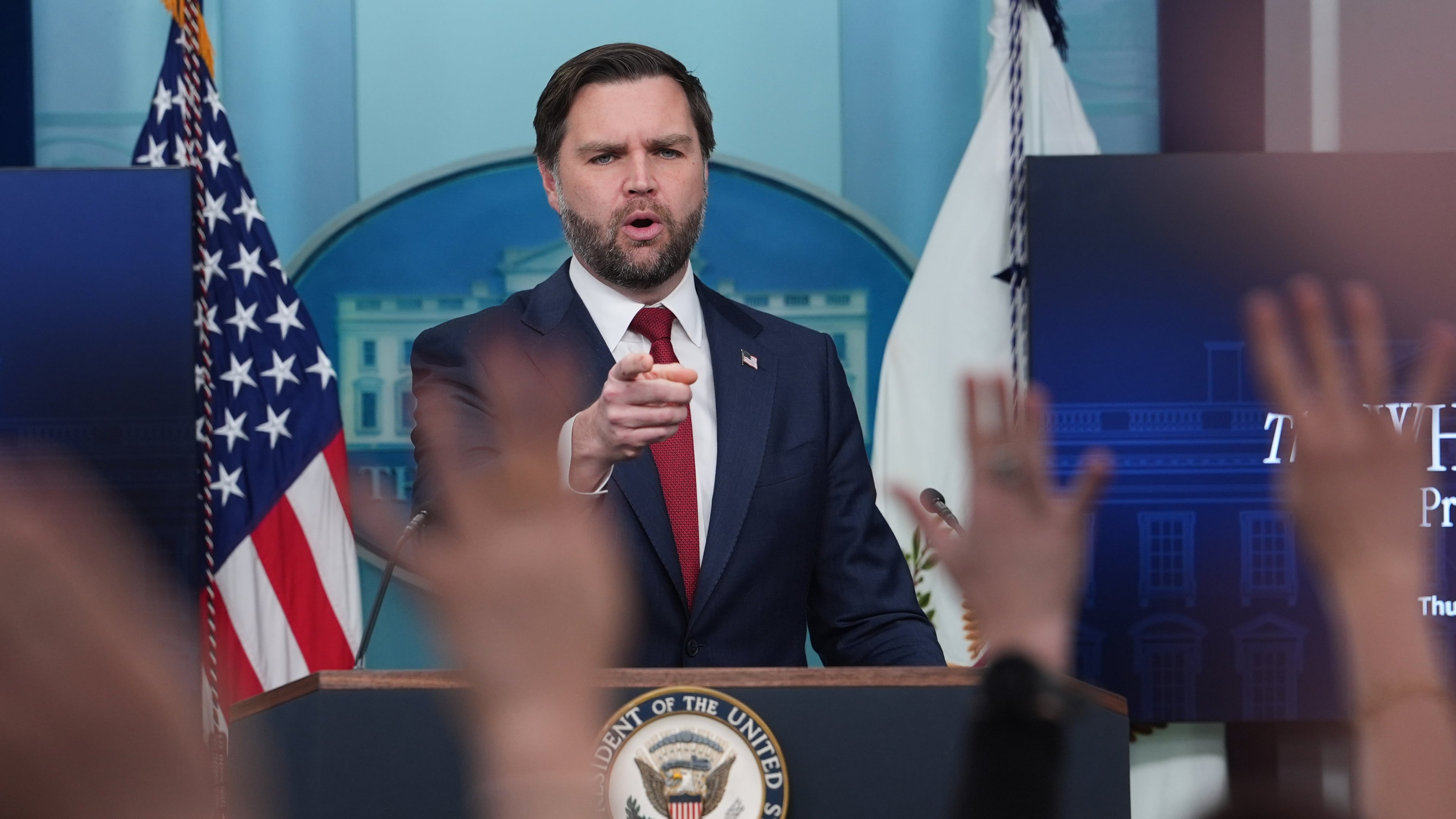 Vice President JD Vance speaks during a briefing at the White House, Thursday, Jan. 8, 2026, in Washington. (AP Photo/Evan Vucci)