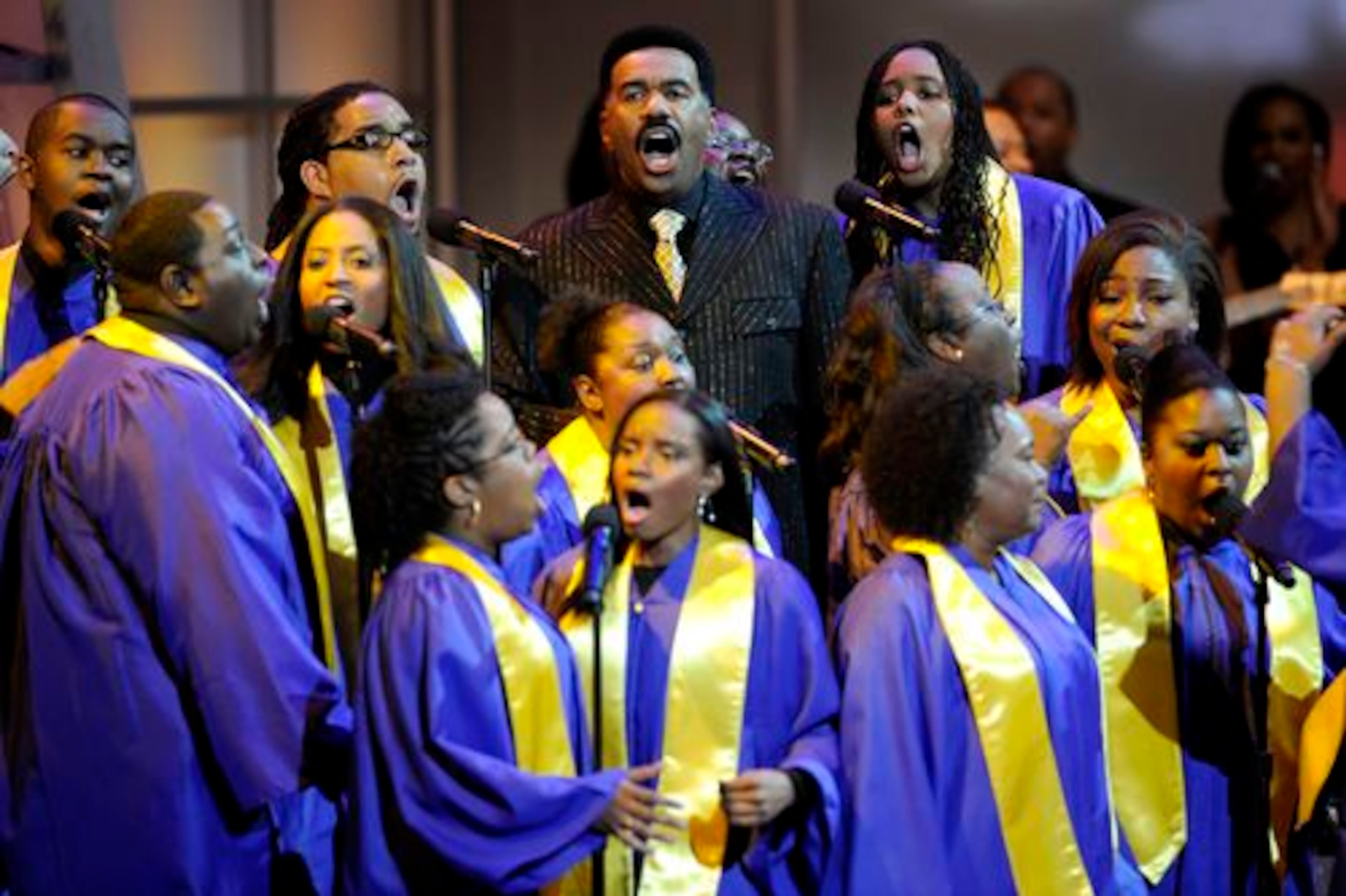 BET held its eighth annual "Celebration of Gospel" concert in Los Angeles. Steve Harvey, here joining a choir, hosted the event.