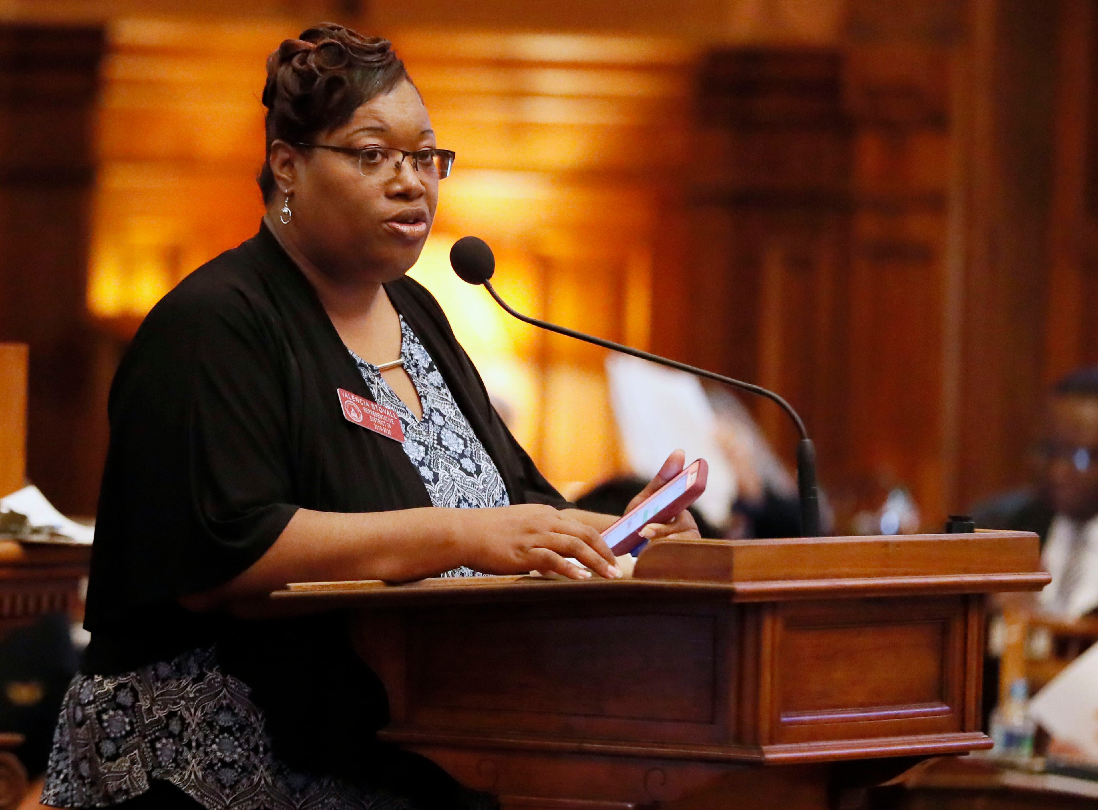 2/28/19 - Atlanta - Rep. Valencia Stovall, D - Forest Park, speaks during morning orders on Thursday. The legislature was in session for the 24rd day of the 2019 General Assembly. Bob Andres / bandres@ajc.com