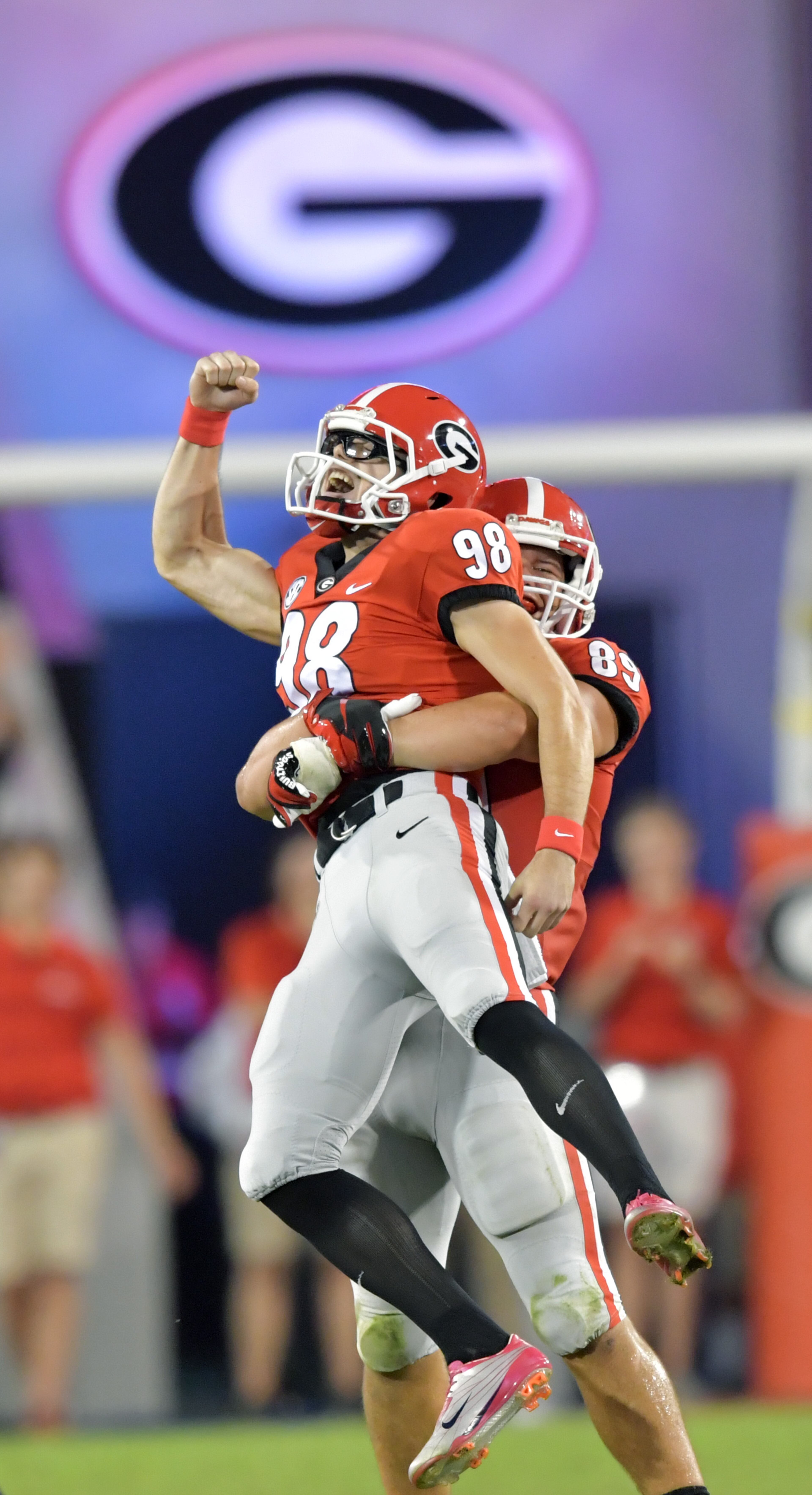 October 6, 2018 Athens - Georgia place kicker Rodrigo Blankenship (98) celebrates after his field goal in the second half during a NCAA college football game at Sanford Stadium in Athens on Saturday, October 6, 2018. Georgia won 41-13 over the Vanderbilt. HYOSUB SHIN / HSHIN@AJC.COM